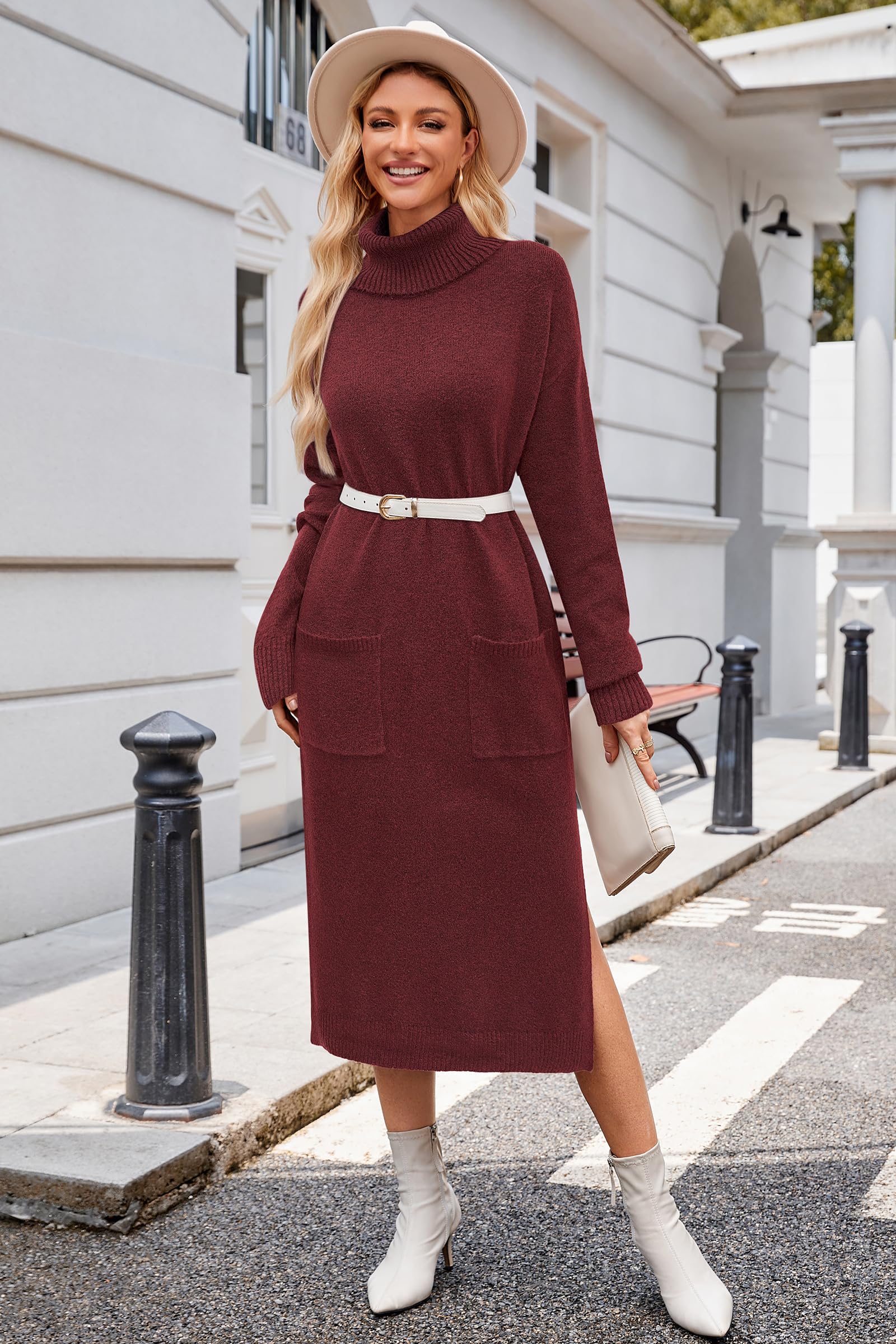 Arach&Cloz Robe tricotée Longue en Laine pour Femme, col roulé, Ample, avec Poches, pour l'automne et l'hiver