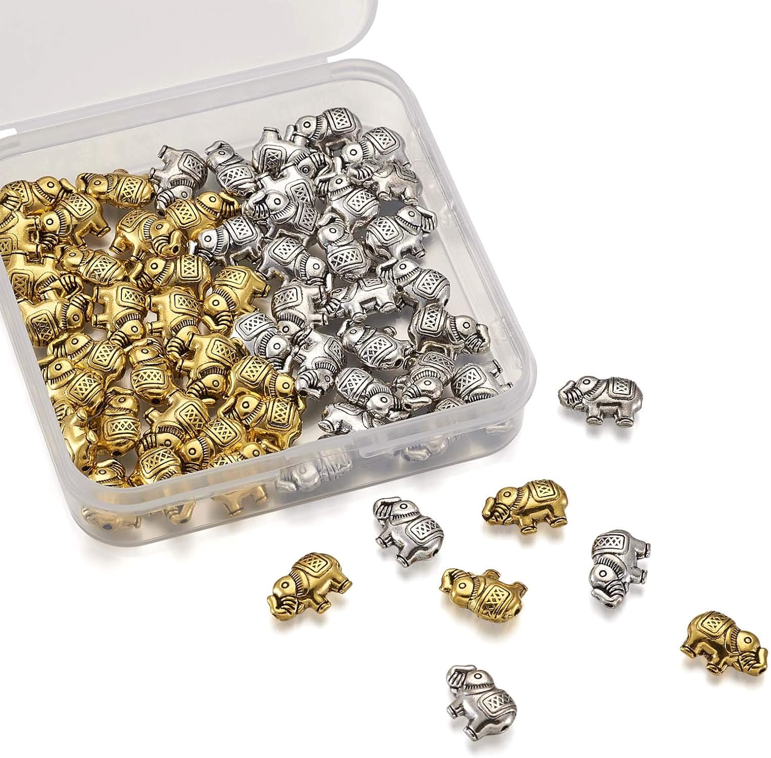 Craftdady 60Pcs Tibetan Metal Lucky Elephant Spacer Charm Beads Antique Gold Silver Detailed Carved Animal Beads 8.5x13mm for DIY Jewelry Craft Making Hole:1mm - Image 3