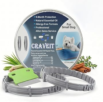 Craveit Dog Flea Collar, 2 Pack Flea Collar for Dogs Small, Gentle Plant-Based Tick Repellent for Small Dog, Waterproof & Adjustable, 8-Month Long-Lasting Defense