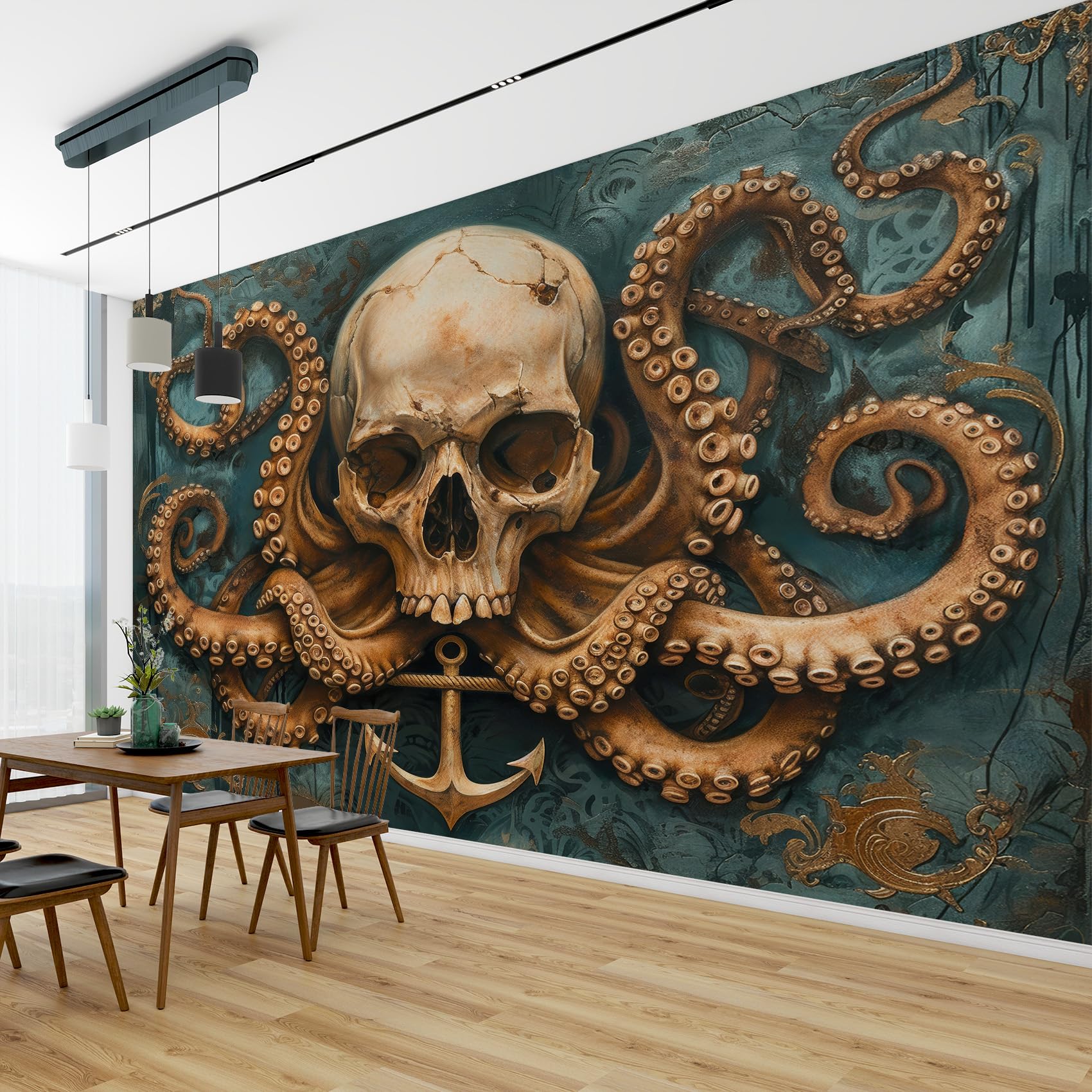 Fototapete Totenkopf Schlafzimmer, 3D Tapete Gothic Oktopus, Vliestapete Grün Braun, Tapeten Wohnzimmer Muster, Nautisch Anker Wand Deko Kinderzimmer, Wandtapete, Mustertapete Vlies 416x254 cm