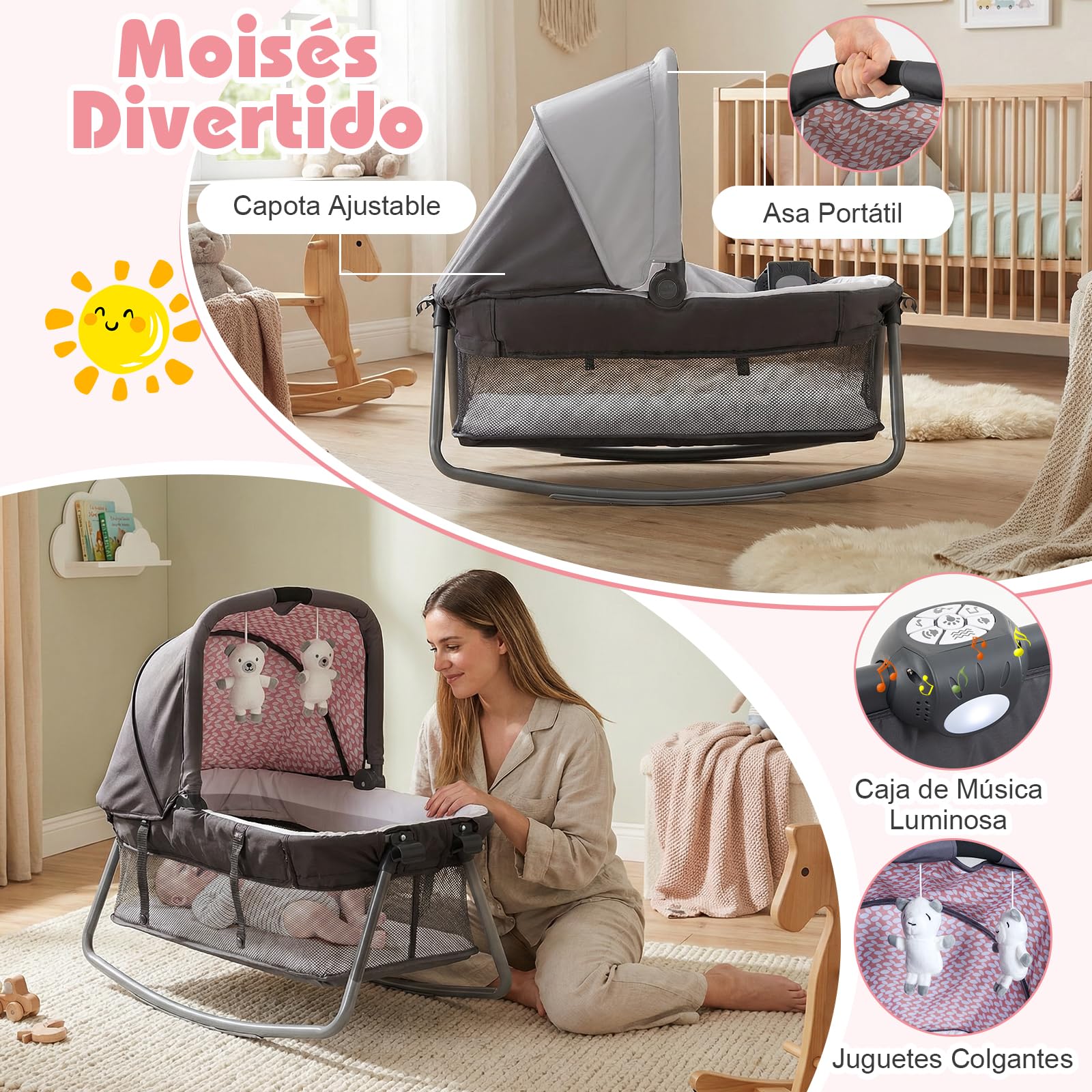 COSTWAY Cuna de Viaje Bebe con Colchón, 5 en 1 Centro de Actividades para Bebés con Cambiador, Cuna para Bebé, 2 Juguetes Colgantes y Caja de Música, Ruedas Móviles y Cesta de Almacenamiento (Rosa)