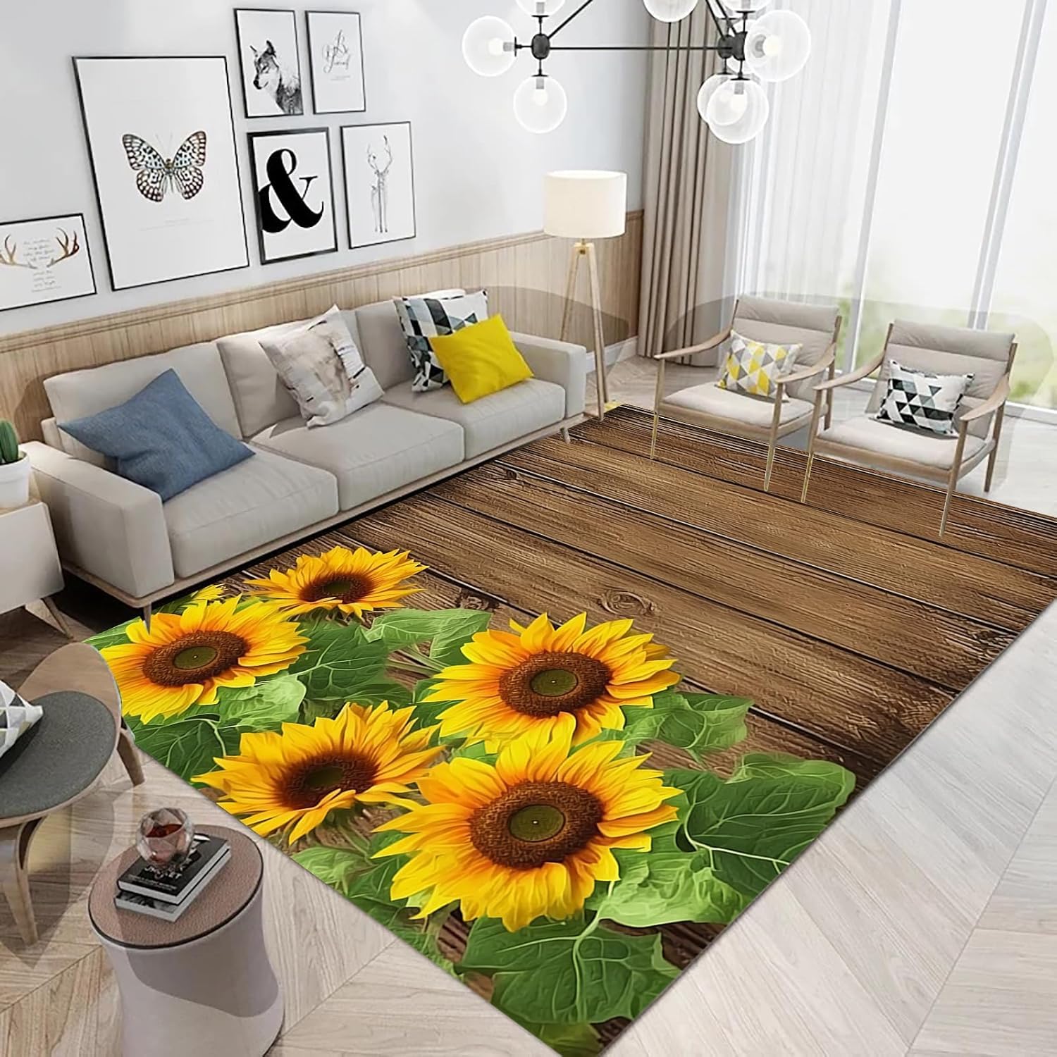 Tapis imprimé tournesol moderne en flanelle antidérapante pour salon et chambre 120 x 160 cm