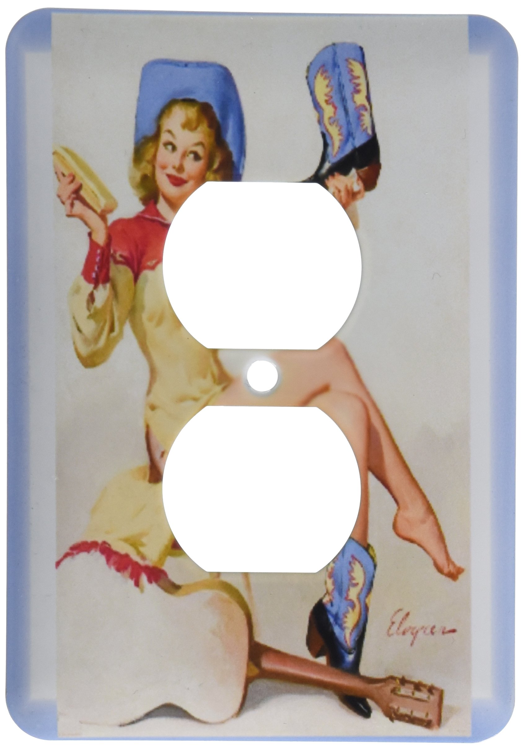 Image du célèbre Elvgren Cowgirl : personnalisez votre salon avec un cache-prise pin-up