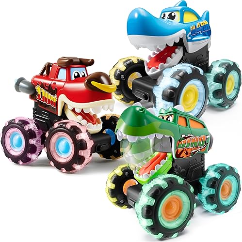 Miniatura 9 de JOYIN Paquete de 3 camiones monstruos de juguete - Coches iluminados activados por movimiento para niños pequeños - Monster Treads Lightning Wheels