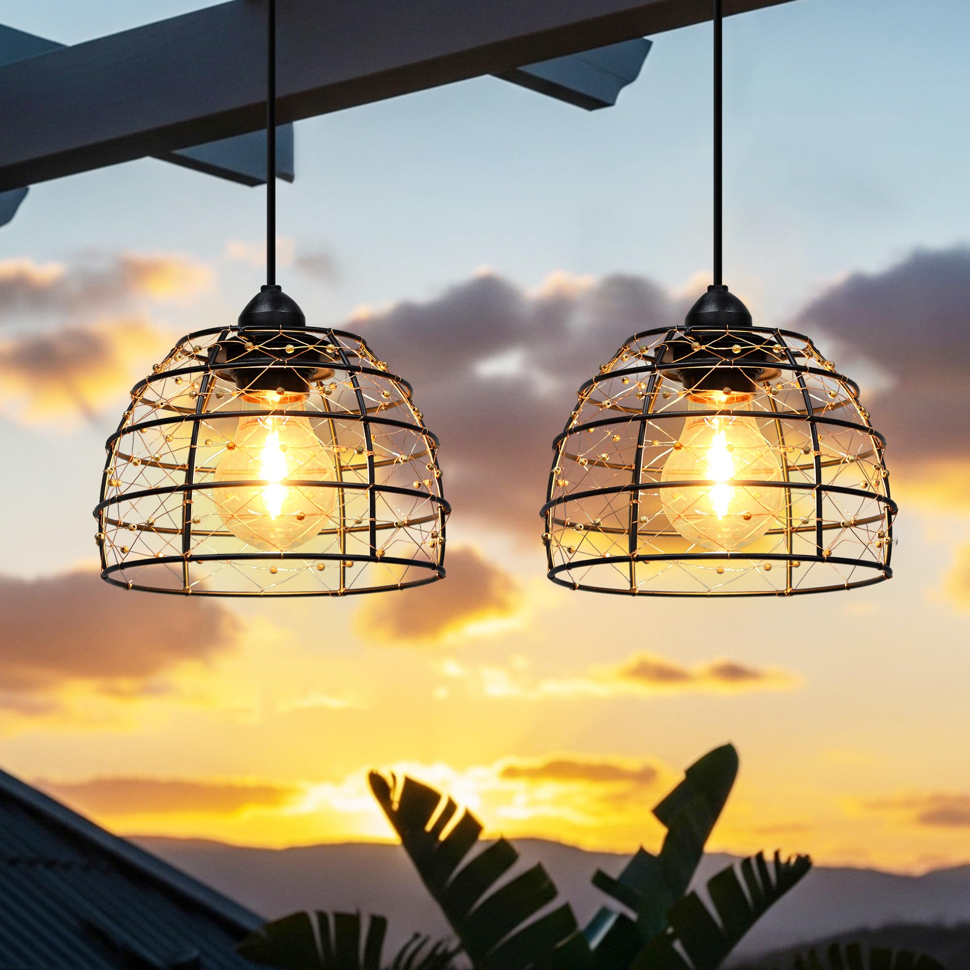 FabStyl Hängelampe mit Batterien betrieben für Außen Innen, 2 Stück Boho LED Lampe Pendelleuchte mit Fernbedienung Helligkeit einstellbar, Timer IP65 wasserdicht für Garten Terrasse