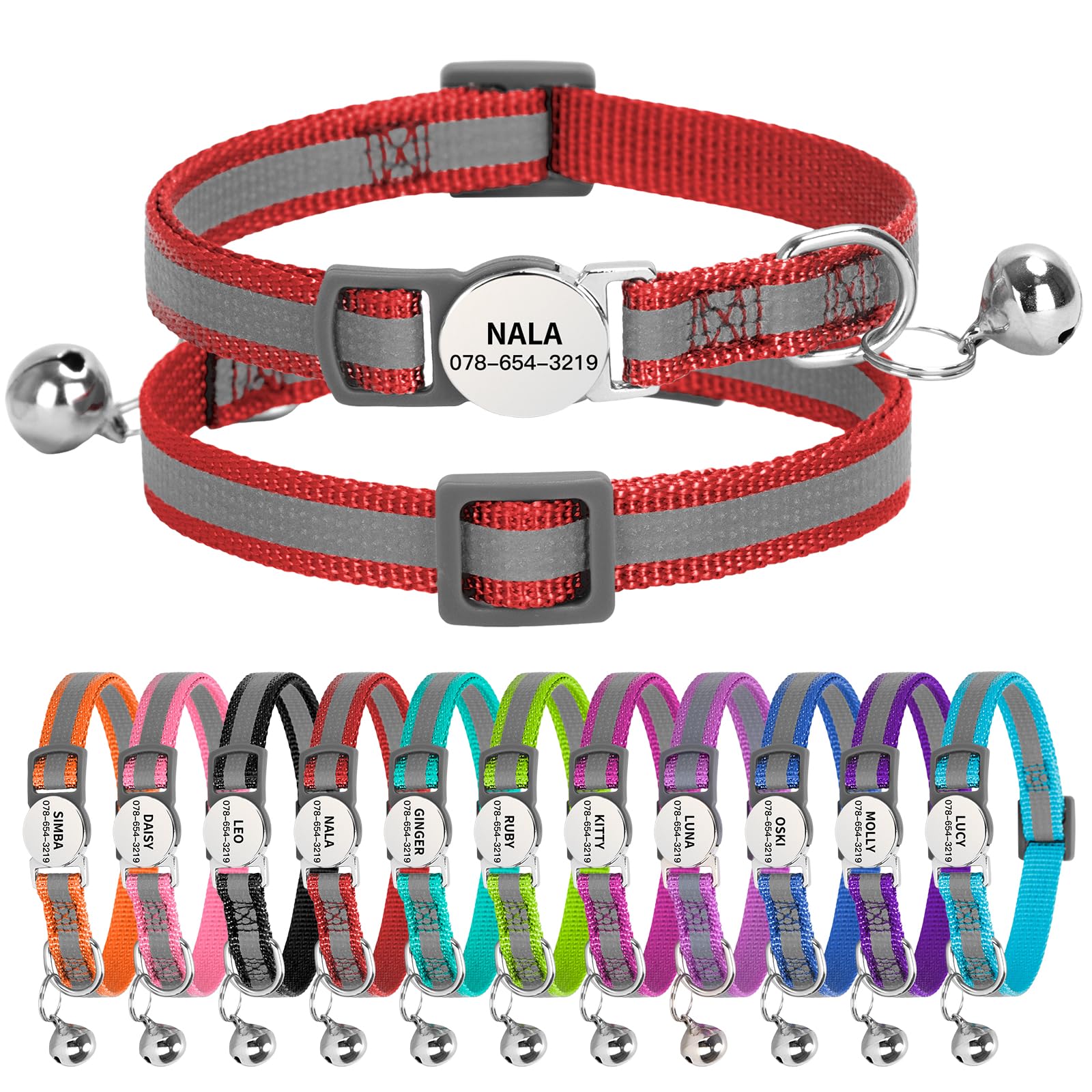 Personalised Reflective Cat Collar with Name Tag,Quick Release Kitten Collars with Bell Safety Buckle, Adjustable Nylon Cat Collar for Cats Kittens UK Prime (19–30 cm, Red Strip) — image 1