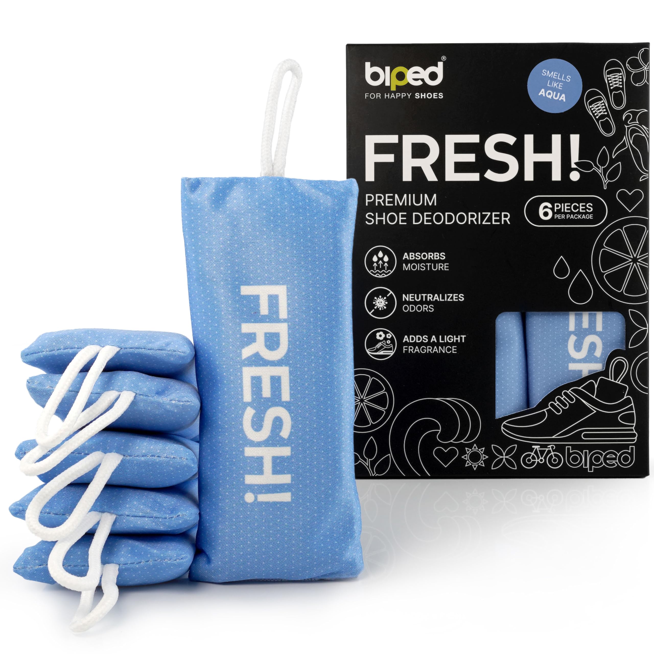 biped FRESH! desodorante premium para calzado – cojín aromático con carbón de bambú activo – elimina olores y sudor de zapatillas, zapatos deportivos y mochilas z2925(AQUA, 6 pieces)