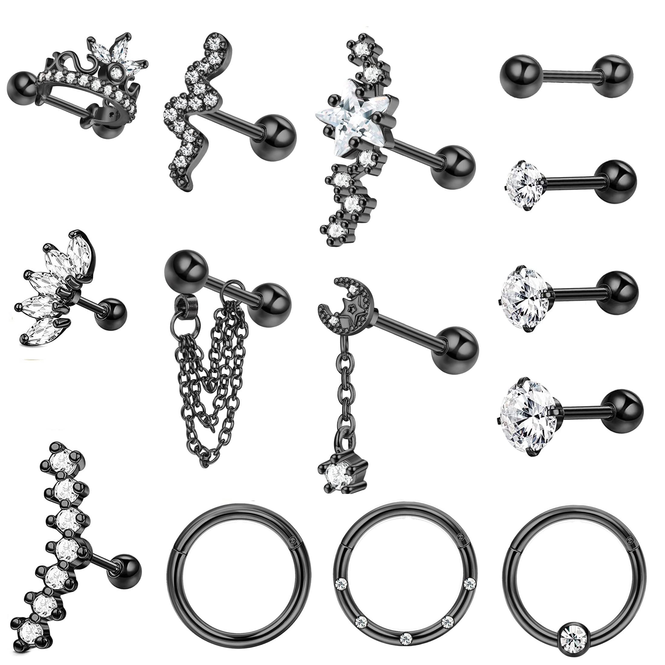 MILACOLATO 14 Piezas Set Pendientes Para Mujer Hombre Acero Inoxidable Juego De Pendientes Cartílago Serpiente Estrella Luna Aretes De Rosca Hipoalergénicos 16G Helix Tragus Piercing Joyas
