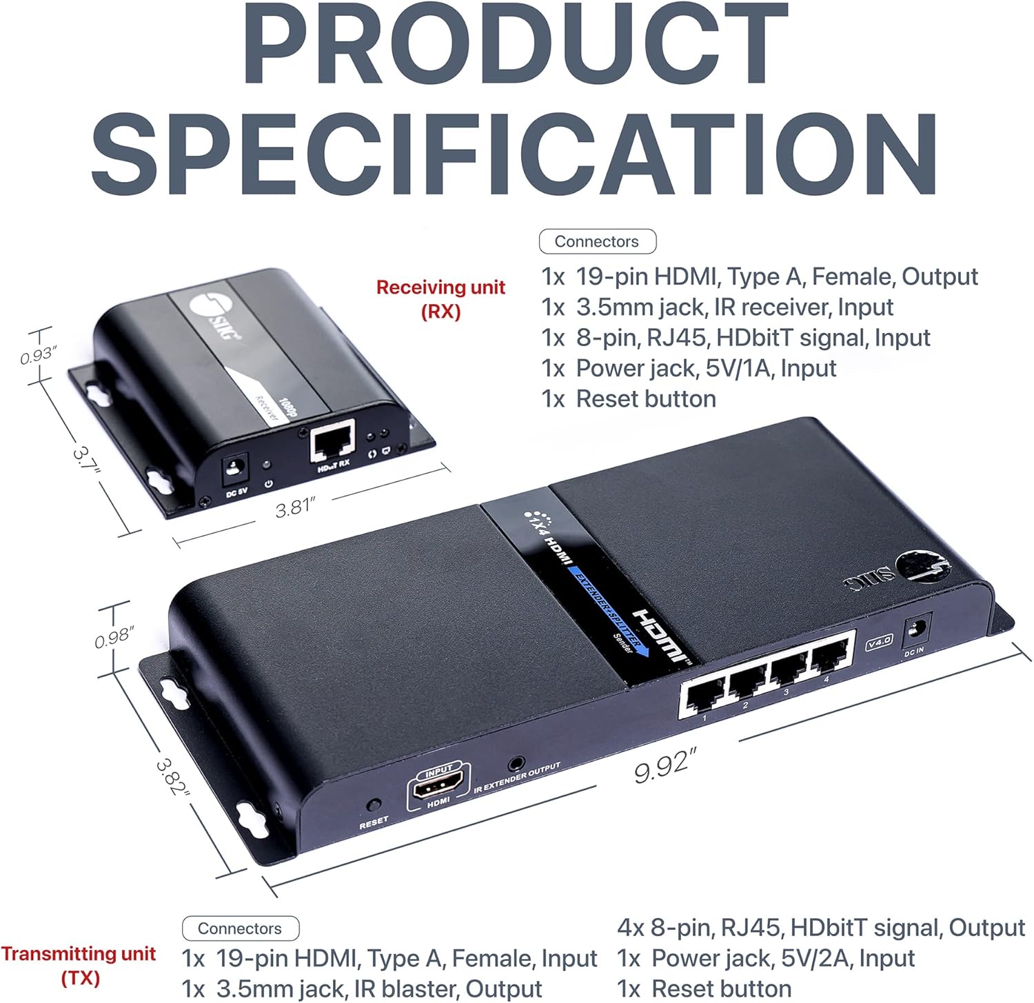 SIIG 1x4 Splitter HDbitT Extender Over IP, 1080p up to 394ft, Transmitter and Receiver Kit, IR Pass-Through, Direct Connection or Cascade More Receivers via IGMP Switch (CE-H26V11-S1)