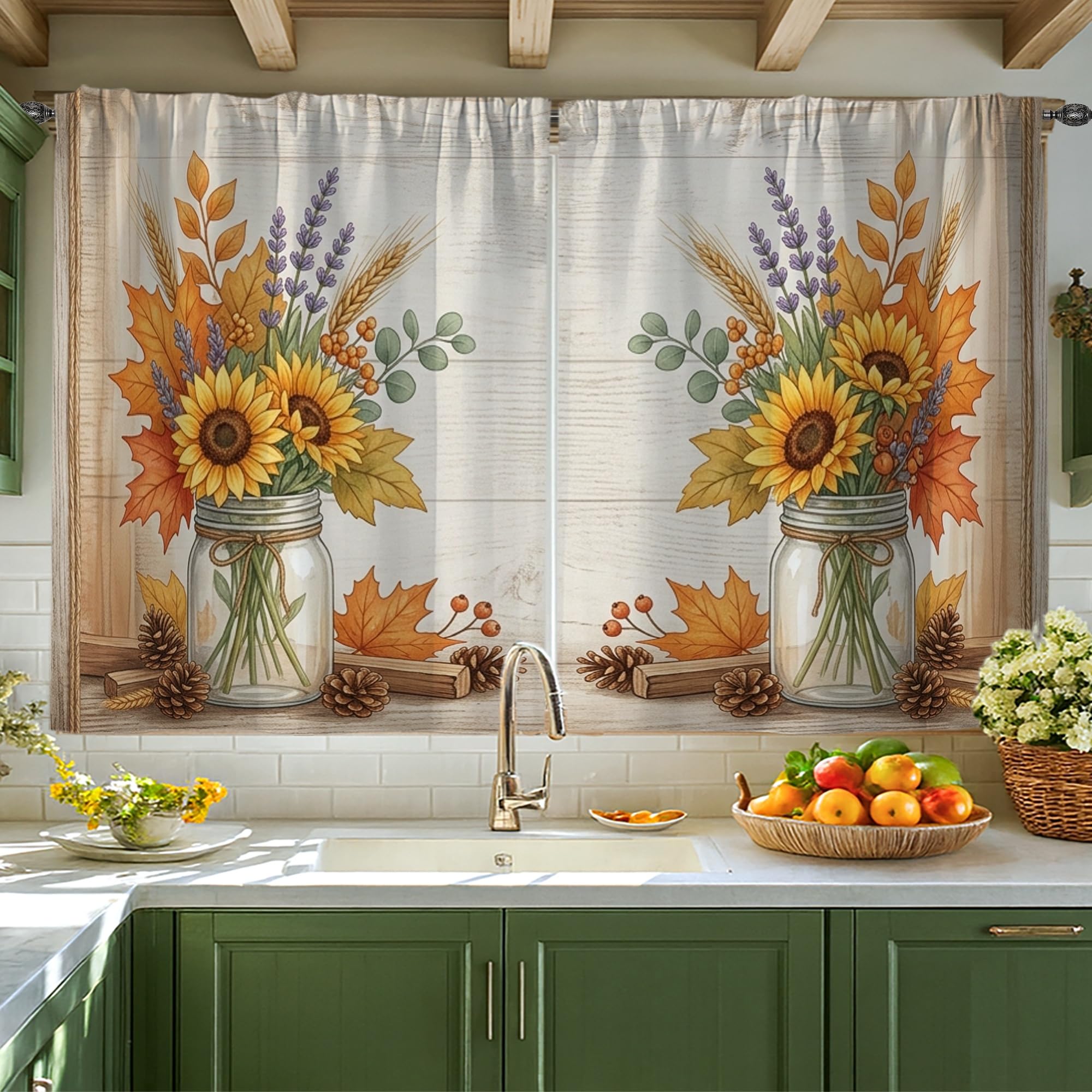 Rideaux de cuisine tournesol et lavande rustique pour petite fenêtre 106x114 cm