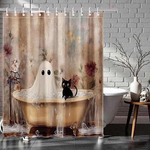 Miniatura 7 de Mocsicka Cortina de ducha de Halloween, diseño de gato fantasma, cortina de ducha para baño, academia oscura, bañera, juego de decoración de baño