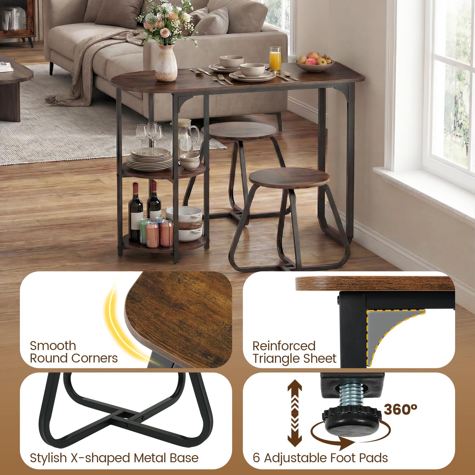 GIANTEX Conjunto de comedor con mesa y 2 taburetes, mesa de comedor con 2 estantes, mesa de madera de 110 x 45 x 78 cm, mesa de cocina rectangular para espacios pequeños, cocina, salón (marrón)
