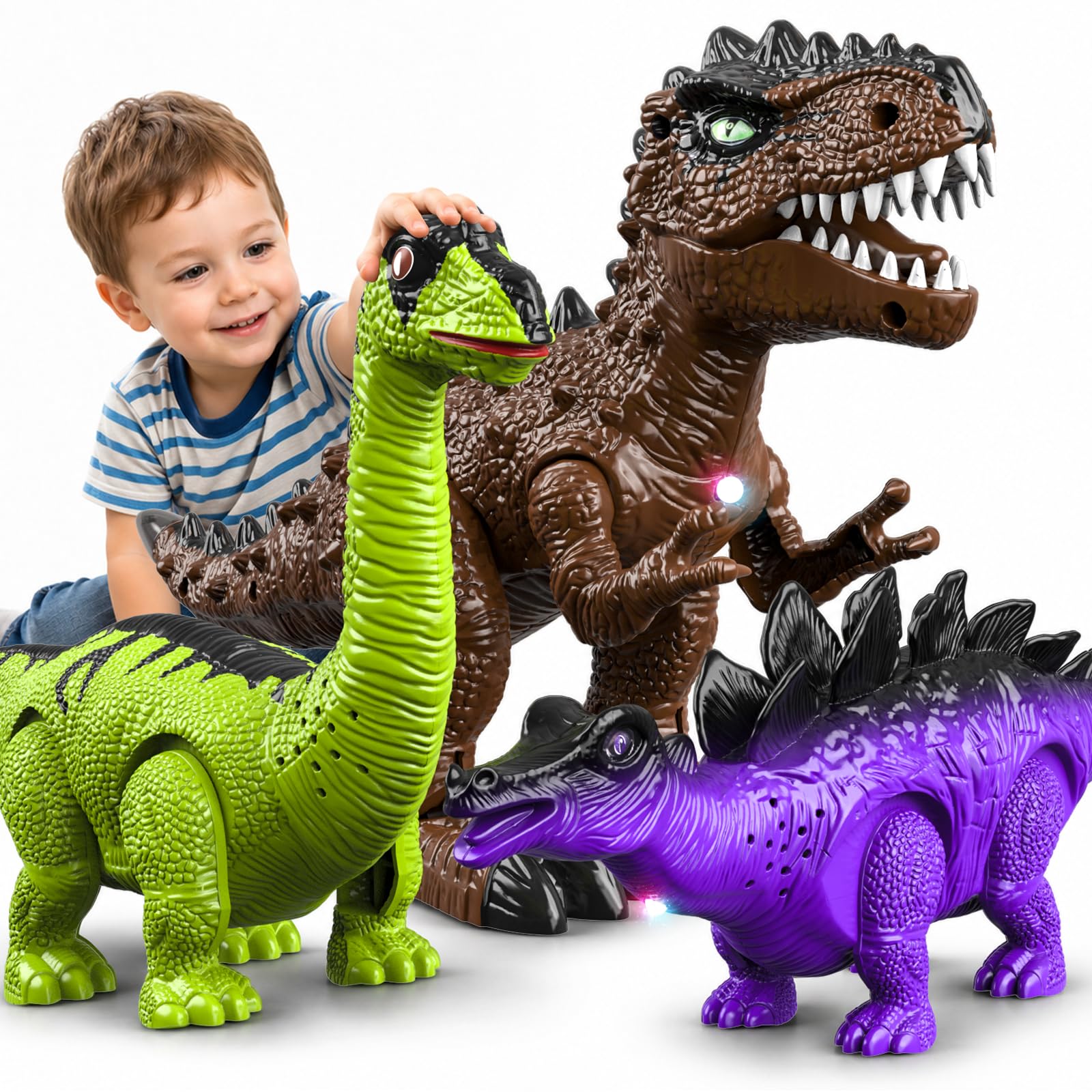 JeeMoien 3 Pack Walking Dinosaur Toy for Kids 3 4 5 6 7 years, Electric Moving Robot T-Rex, Brachiosaurus & Stegosaurus with Light & Roaring Sound for Boys 3-5 5-8, Xmas Birthday Gift for 3-4