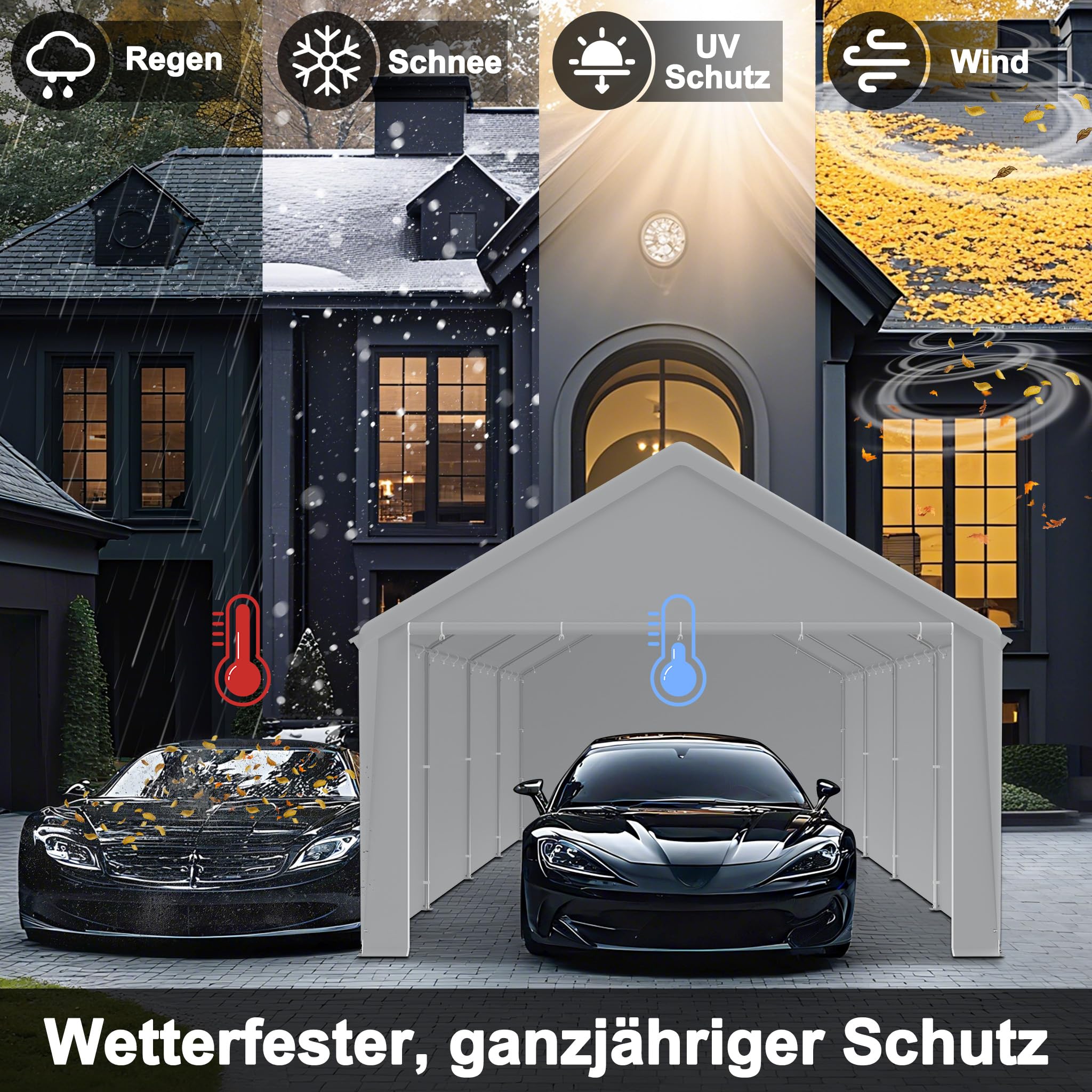 FIVMEN Carport, tente, 4 x 8 m, grande tente de garage, de rangement, avec parois latérales amovibles, résistant à l'hiver, mobile, pour voiture, SUV, camion, gris
