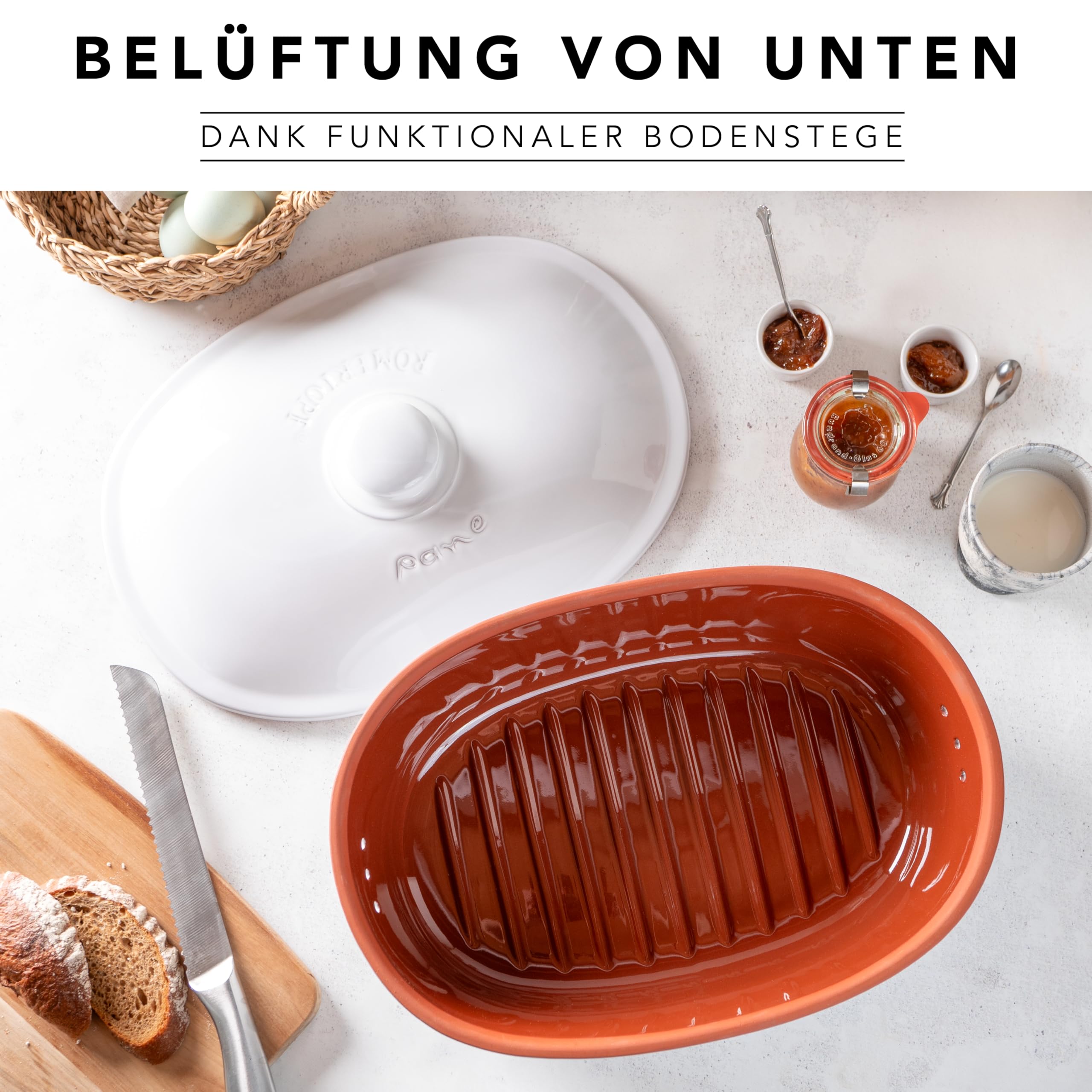 Römertopf Brottopf weiß 6,5 Liter – ovaler Brotbehälter aus natürlicher Keramik mit Deckel – zur Aufbewahrung von Brot, Brötchen, Obst & Gemüse – atmungsaktiv & spülmaschinengeeignet