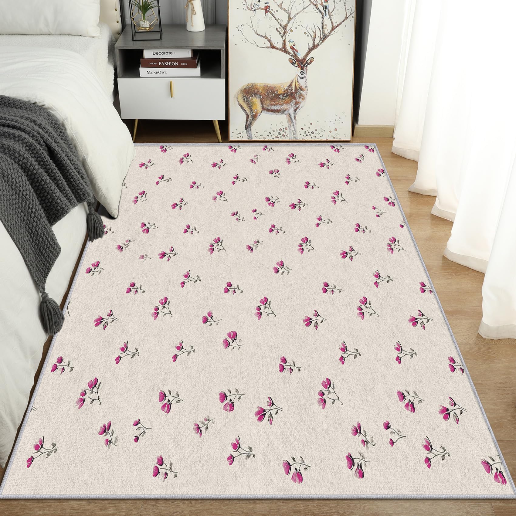 Teppich Rustikale Schlafzimmer Rechteckiger Kurzflor, Lila Aesthetic Blumen Muster Teppiche Waschbar für Wohnzimmer Flur Wohndeko, Dünn Weich rutschfest(90x160cm)