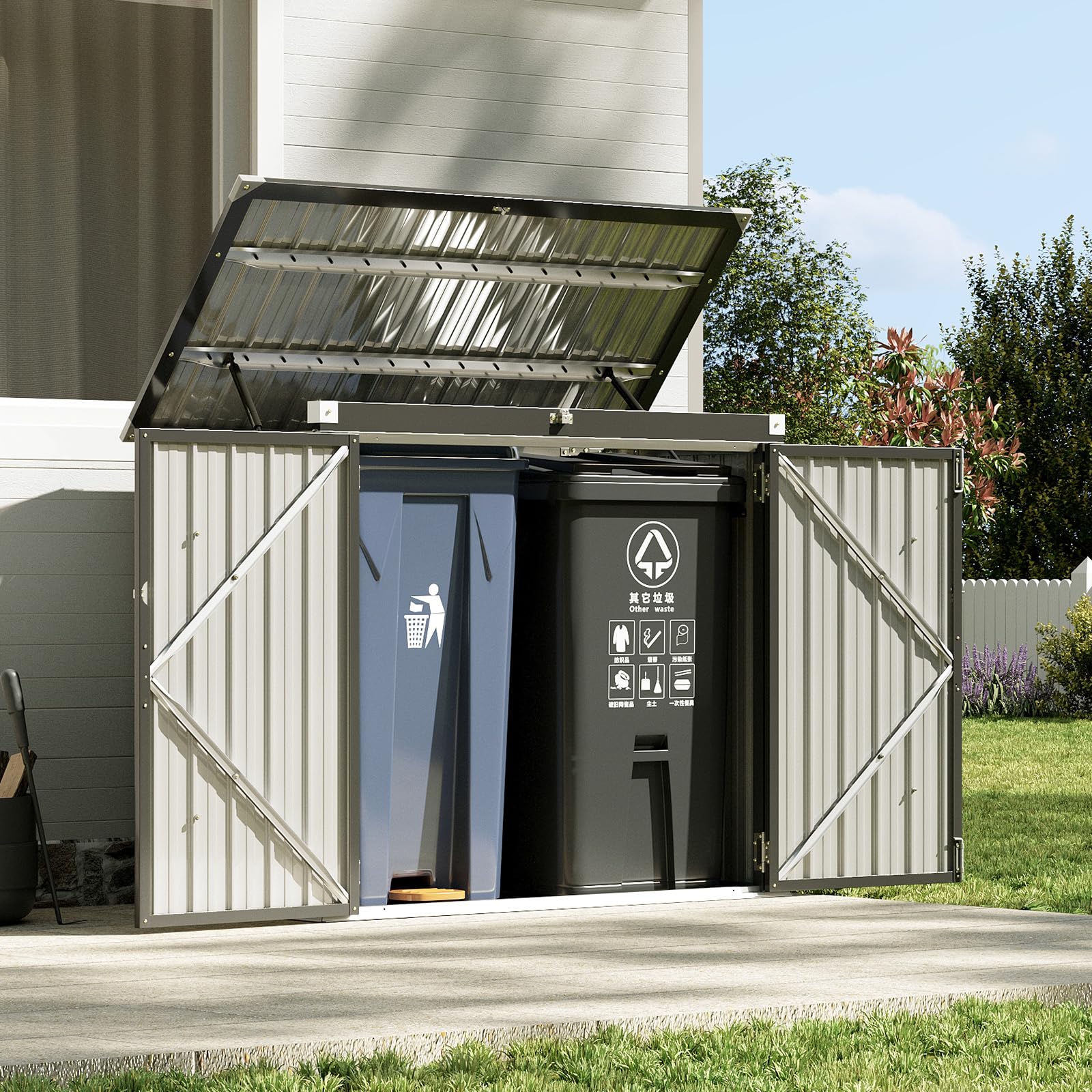 Aoxun Gerätehaus Metall 150x117x80, Wetterfester Gartenschrank mit Kettenzug-Deckel & Gasdruckfeder, zu öffnende Front- & Top-Türen, Schwarz