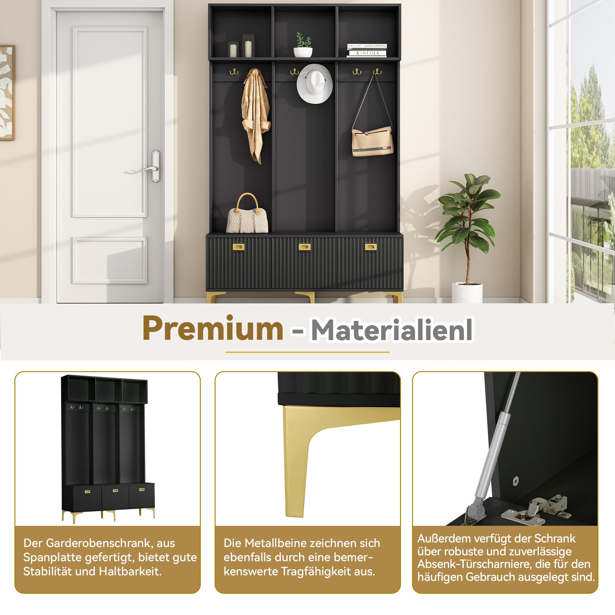 Ymkua Garderobenset Wandgarderobe, Flurgarderobe Set mit offene Aufbewahrung, Garderoben Set mit 6 Goldene Haken und Türen, Kompaktgarderobe, Wandgarderobe, B120/D23.5/H191.5 cm (Schwarz)
