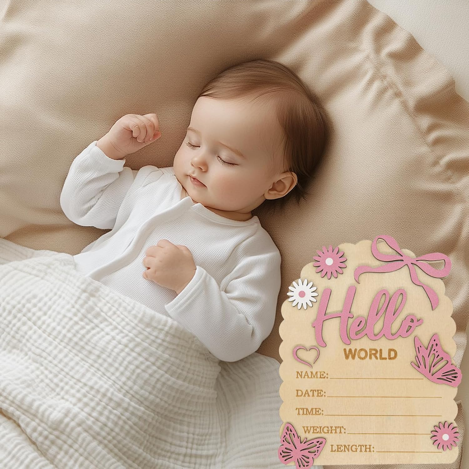 Pink Baby Birth Sign with Bow, Cute Announcement Sign for New Baby Hello World Newborn Decorations Supplies, Photography Props Double-Sided Suitable for New Mothers