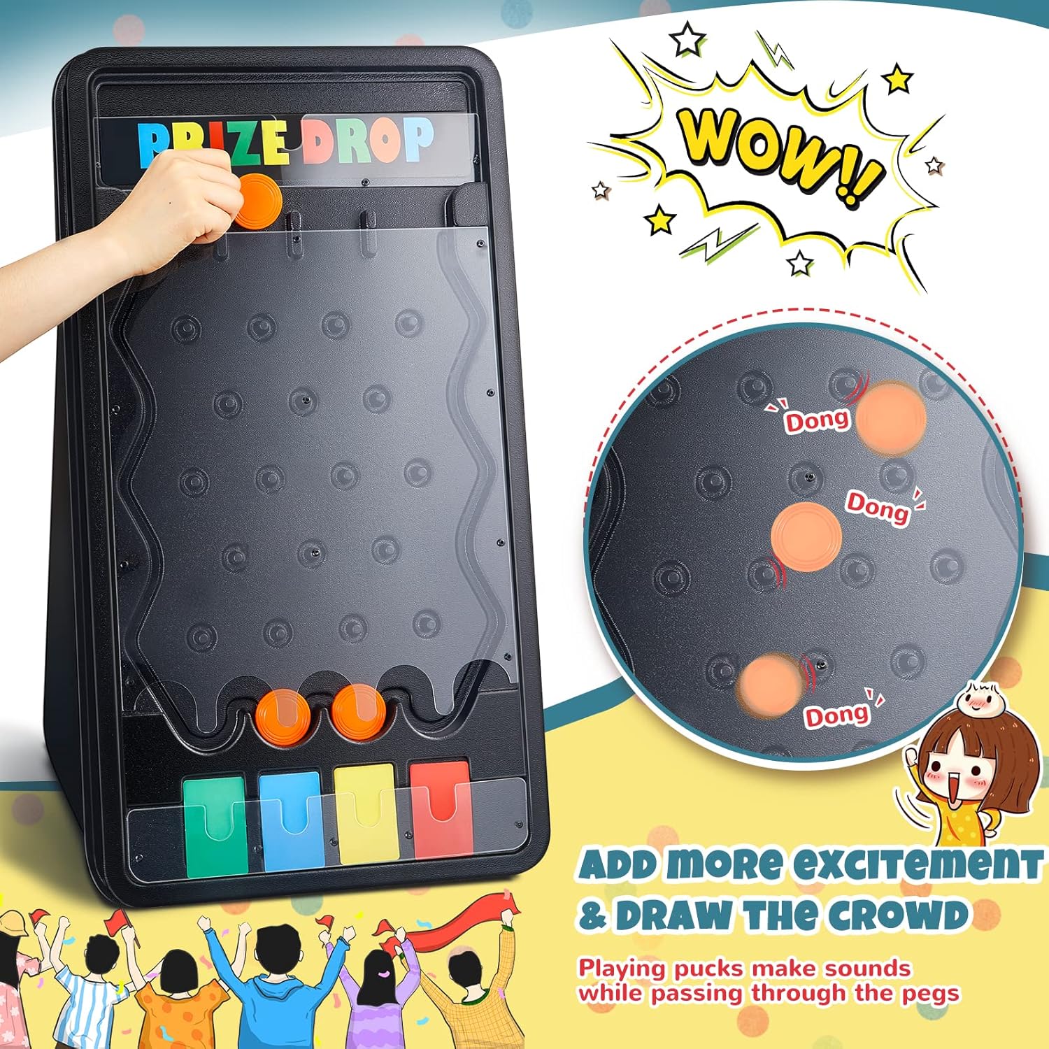 25 x 14 Inch Prize Drop Board Foldable Stand Disk Drop Board Game Customizable 4 Slots with 12 Pucks 8 Colored Paper and 2 Marker for Carnival Tradeshow Party (25 x 14 Inch)