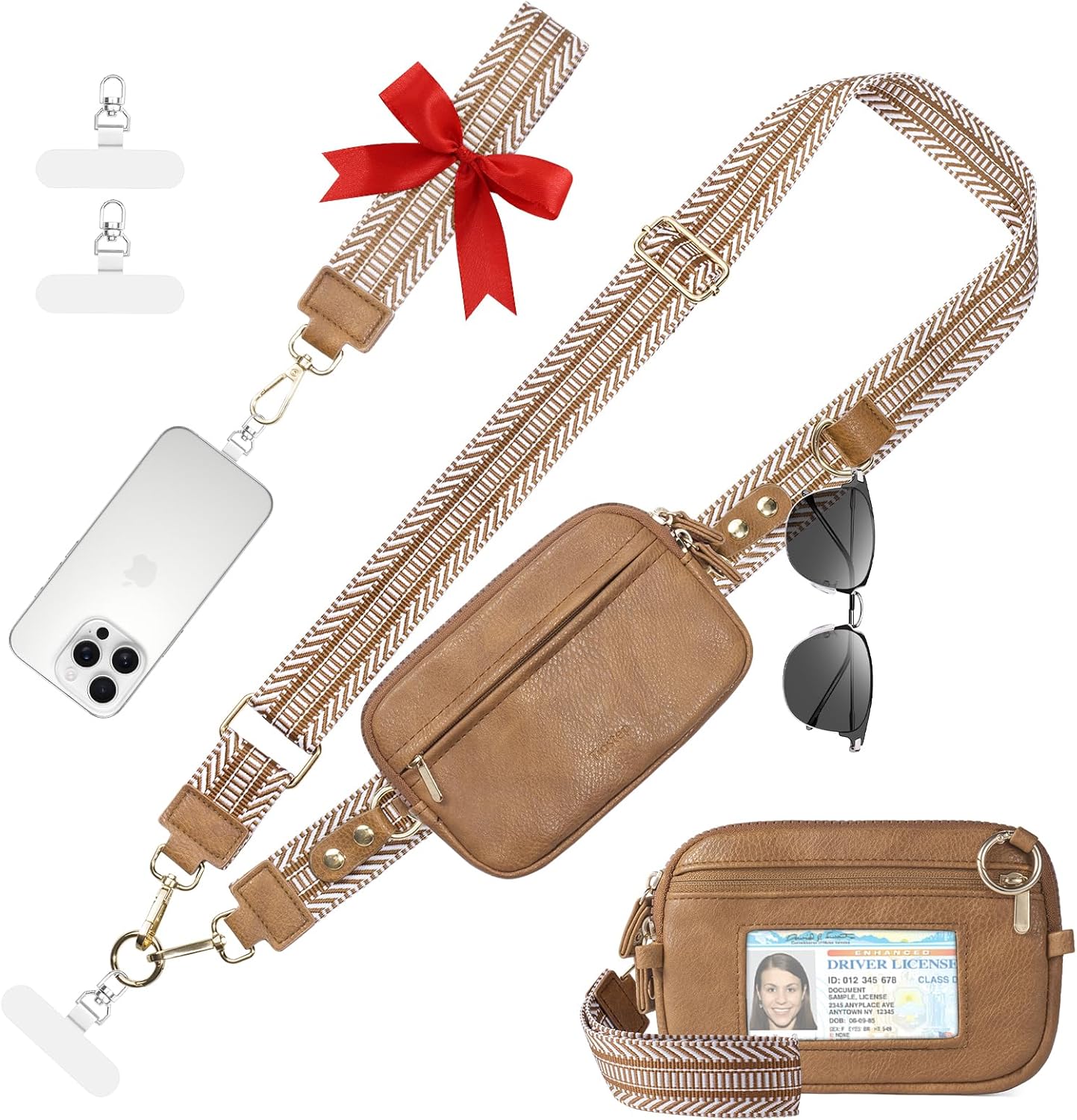 Tiostep Clip and Go Strap for Phone with Wallet Crossbody Phone Lanyard Adjustable and Anti-Theft Leather Purse with RFID Zipper Pouch for Travel Daily Life. Brown Medium