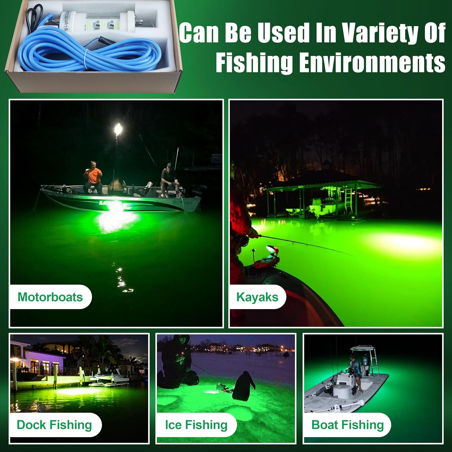 Underwater Fishing Light Super Bright 80000 Lumens 160W Green LED Fishing Light Night Fishing Attracting Light 110V&12-24V Submersible Fish Finder Light Dock Boat Lamp for Squid Shrimp Snook Crappie