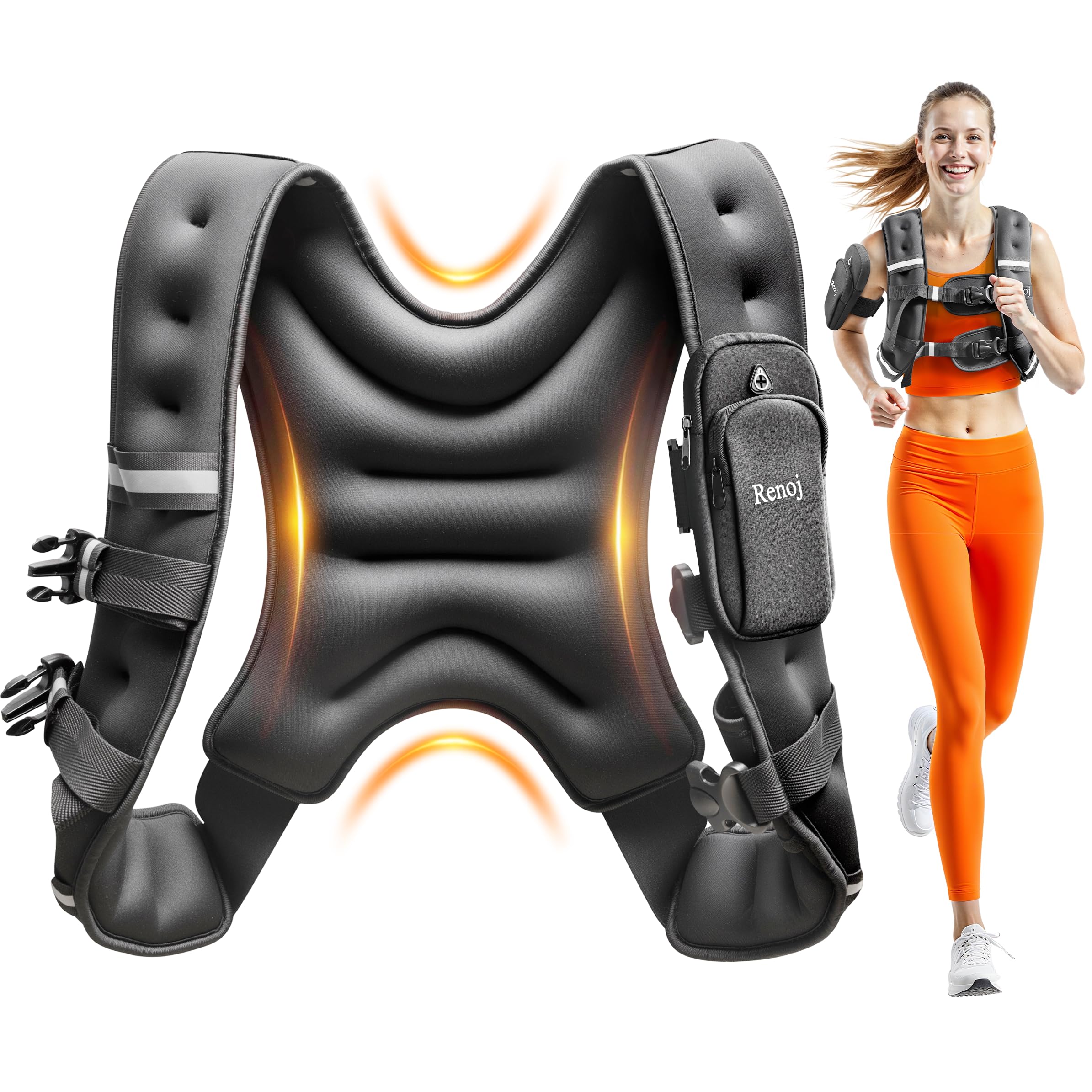 Renoj Weighted Vest for Women Men: Available in 6lb/8lb/10lb/11lb/12lb/14lb/16lb/20lb Fixed Weights for Walking, Running, Training, Exercise, Weight Loss - With Reflective Strips and Storage Pocket