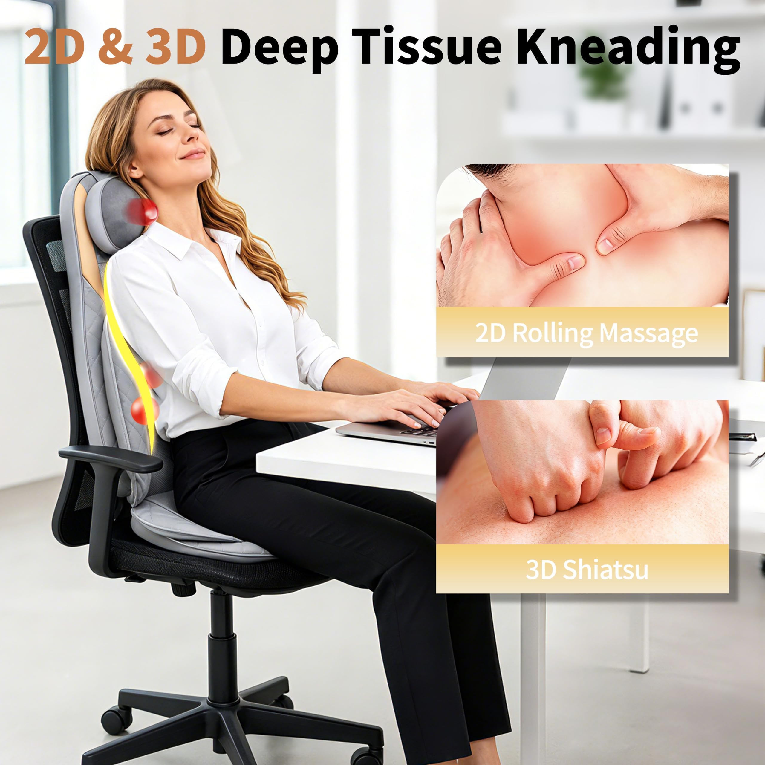 Shiatsu Nacken- und Rückenmassagegerät mit Wärme, 2D&3D Kneten Rückenmassagegerät für Müdigkeit Entlastung Tiefengewebe, Tragbares Rückenmassagegerät für Stuhl, Einstellbare Nackenmassage mit