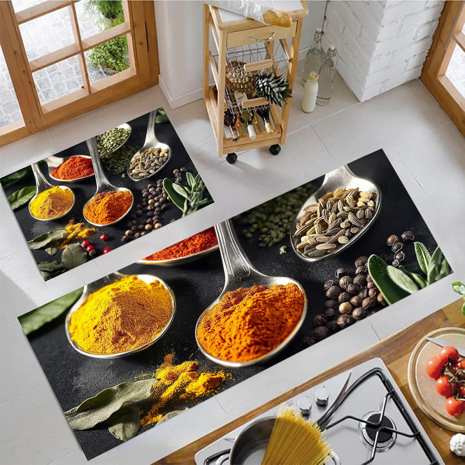 Kitchen Mats for Floor 2 Piece Set Natural Spices Non Slip Kitchen Rugs Washable Cooking Illustrations Floor Mats Black Thick Area Rug Runner for Hallway Entryway Laundry Bathroom