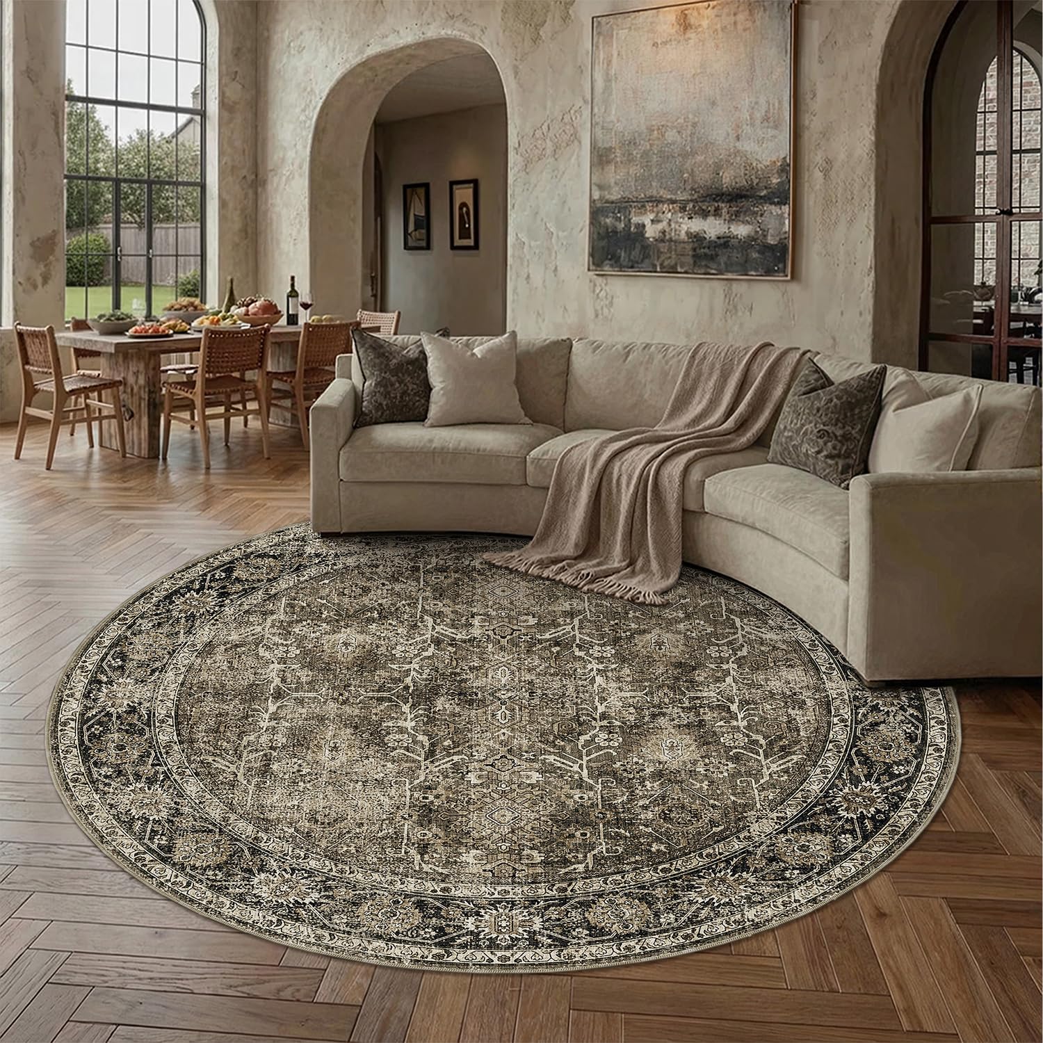 PureCozy Brown Round Area Rug 8ft Vintage Traditional Distressed