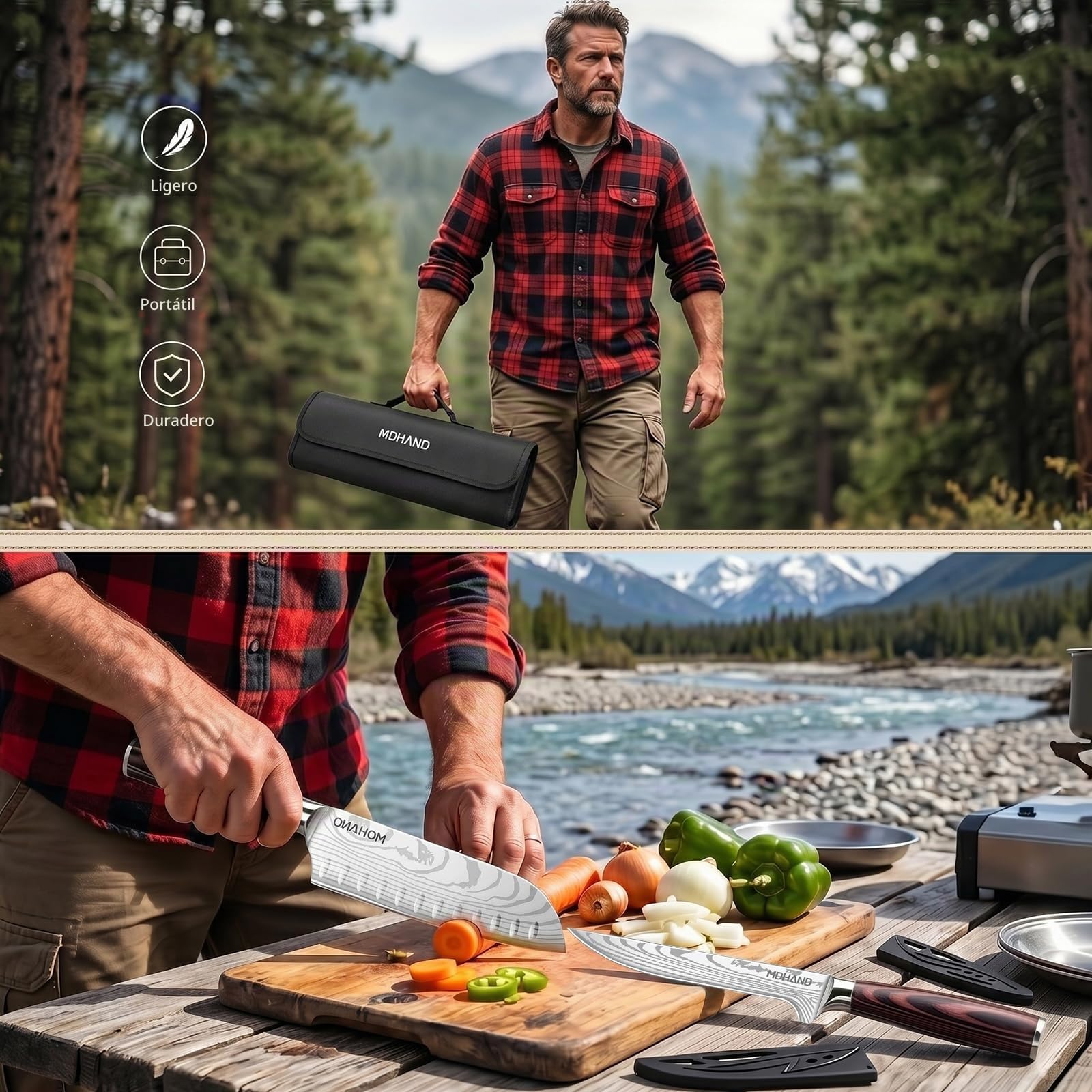 MDHAND Juego de Cuchillos de Cocina, Cuchillos Cocina Profesional de 8 piezas con Bolsa de Rollo,Juego de Cuchillos de Cocina profesionales de acero inoxidable de alto carbono extremadamente afilados