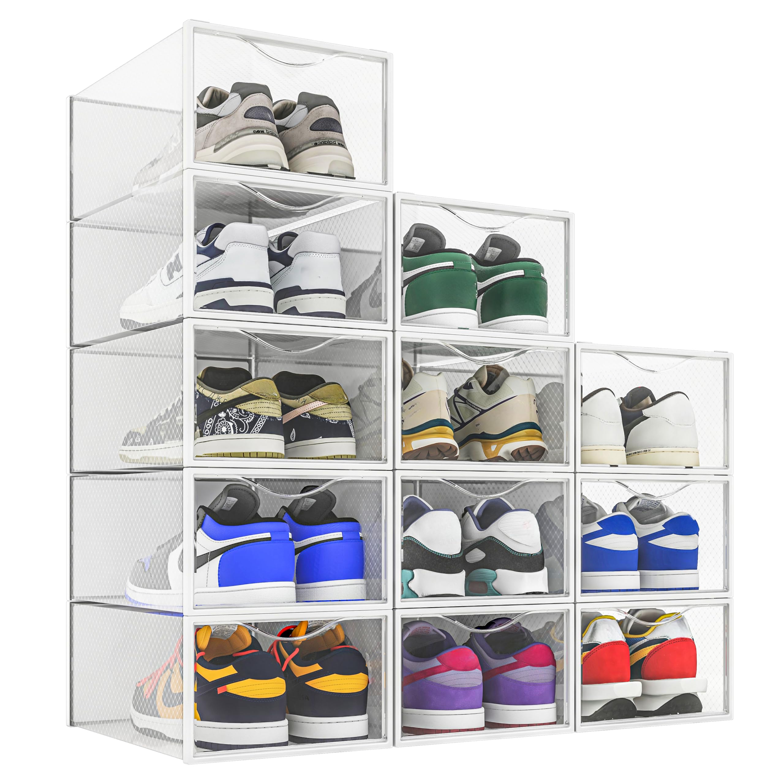 Seseno Confezione da 12 contenitori per scarpe, in plastica trasparente, impilabili, organizer per scarpe per armadio, salvaspazio, pieghevoli, per scarpe da ginnastica