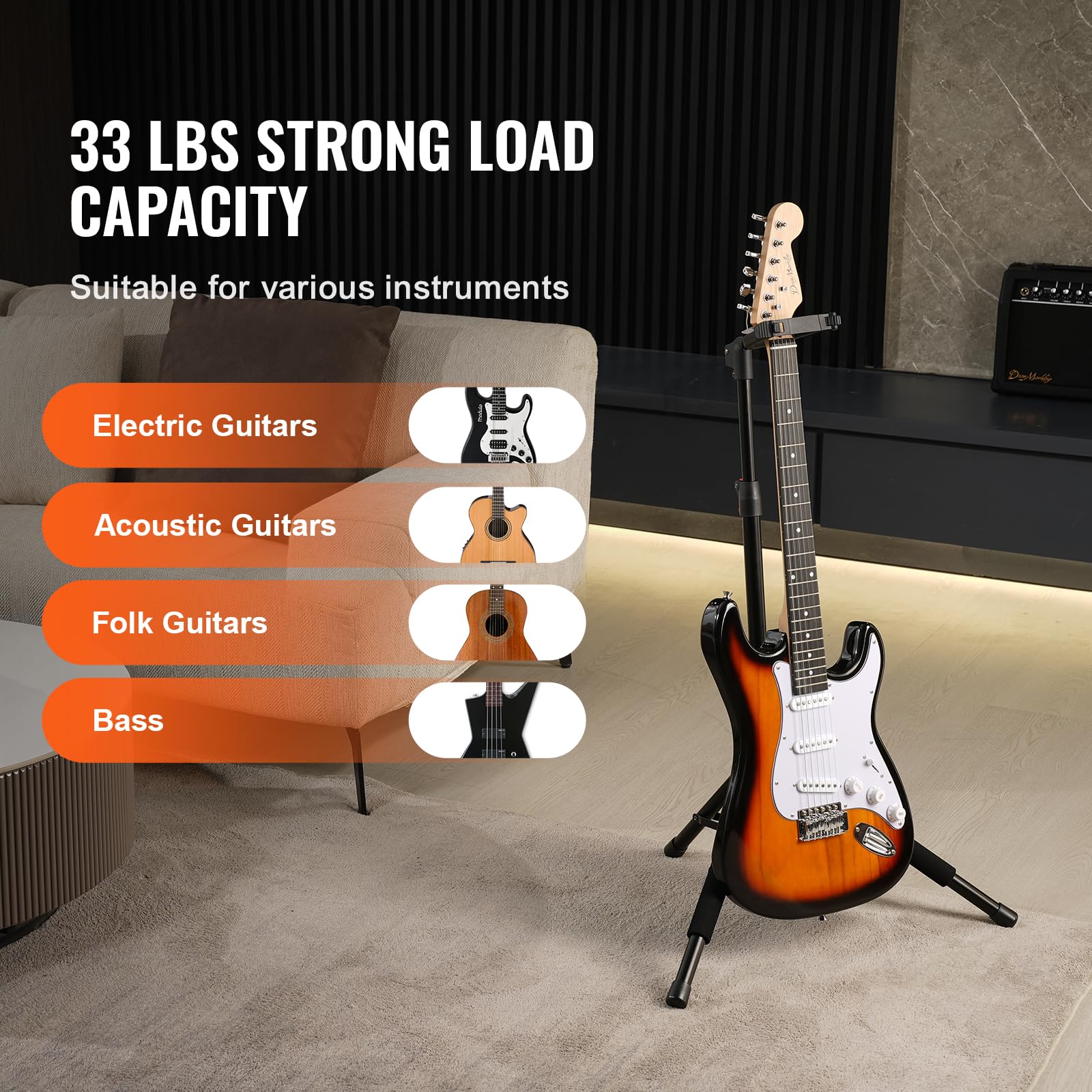 VEVOR Dreibein-Gitarrenständer, 15 kg Tragfähigkeit, zusammenklappbares Gitarrenstativ, höhenverstellbar von 900 bis 1200 mm, für Gitarre, Akustik, Elektro, klassischer Bass, 600 x 450 x 1185 mm