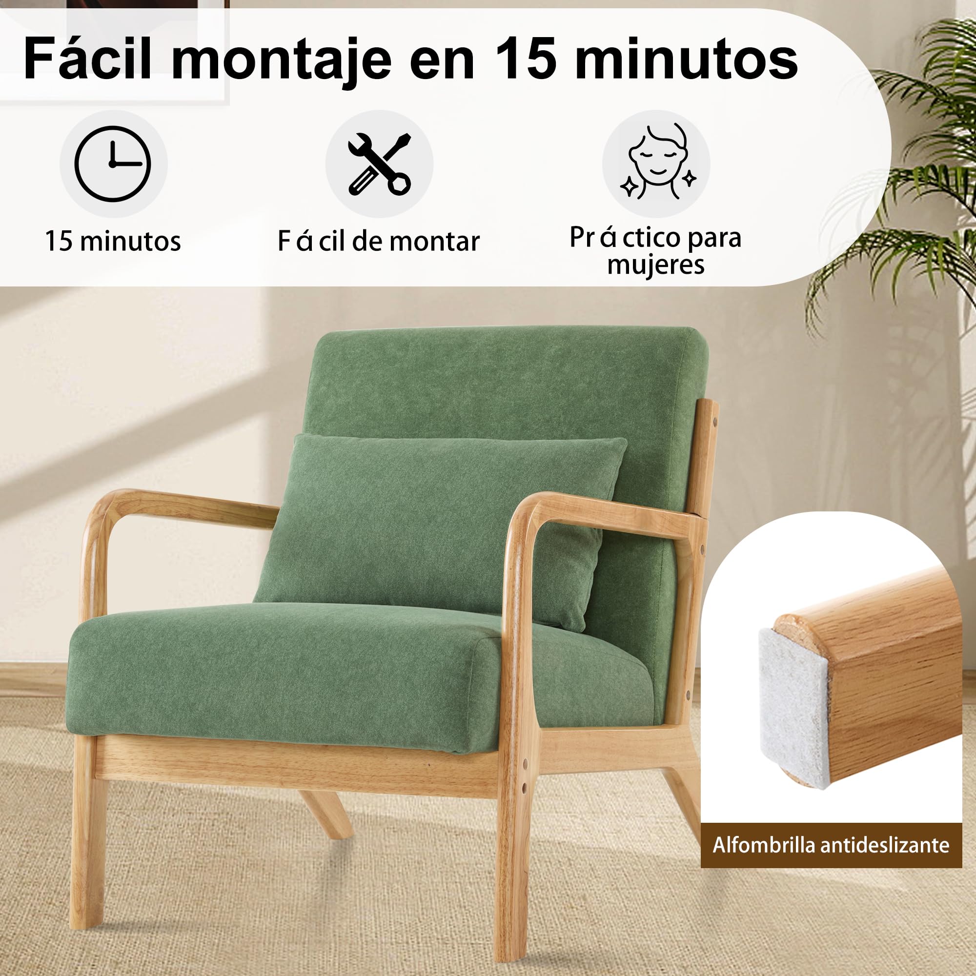 Butacas de Salon Sillon Relax con Cojín Lumbar, Sillones para el Salón Sillón Acolchado de Madera Maciza para Salón y Dormitorio, Sillón de Lectura para Espacios Pequeños Verde 1PC