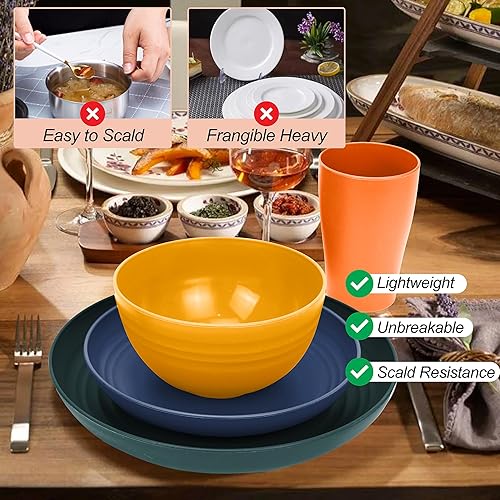 Miniatura 4 de Juego de vajilla de paja de trigo, 32 piezas, juegos de platos y cuencos de plástico de cocina irrompibles para 8 vajillas de paja de trigo, cuencos