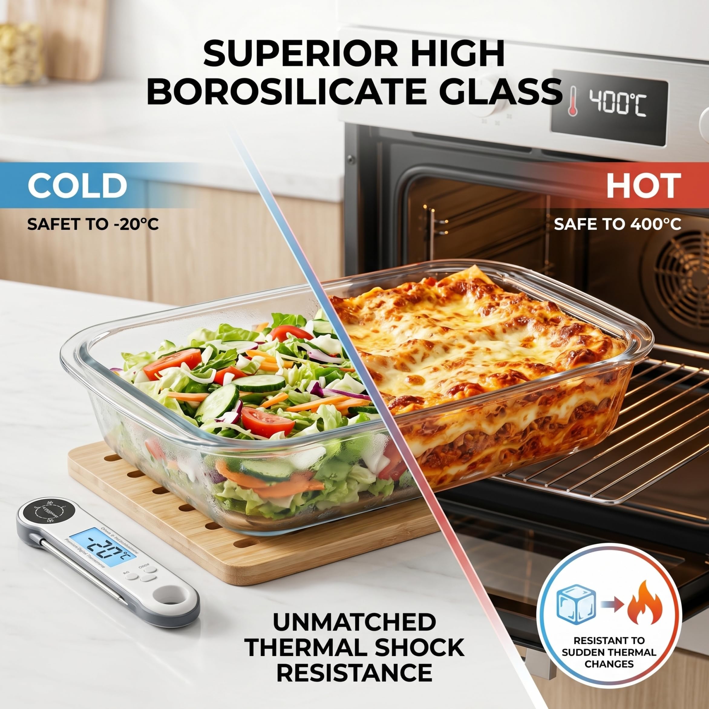 Teglia da forno in vetro, teglia da forno rettangolare in vetro, pirofila per lasagne borosilicato da 3 litri, 5 cm, adatta al e al microonde.