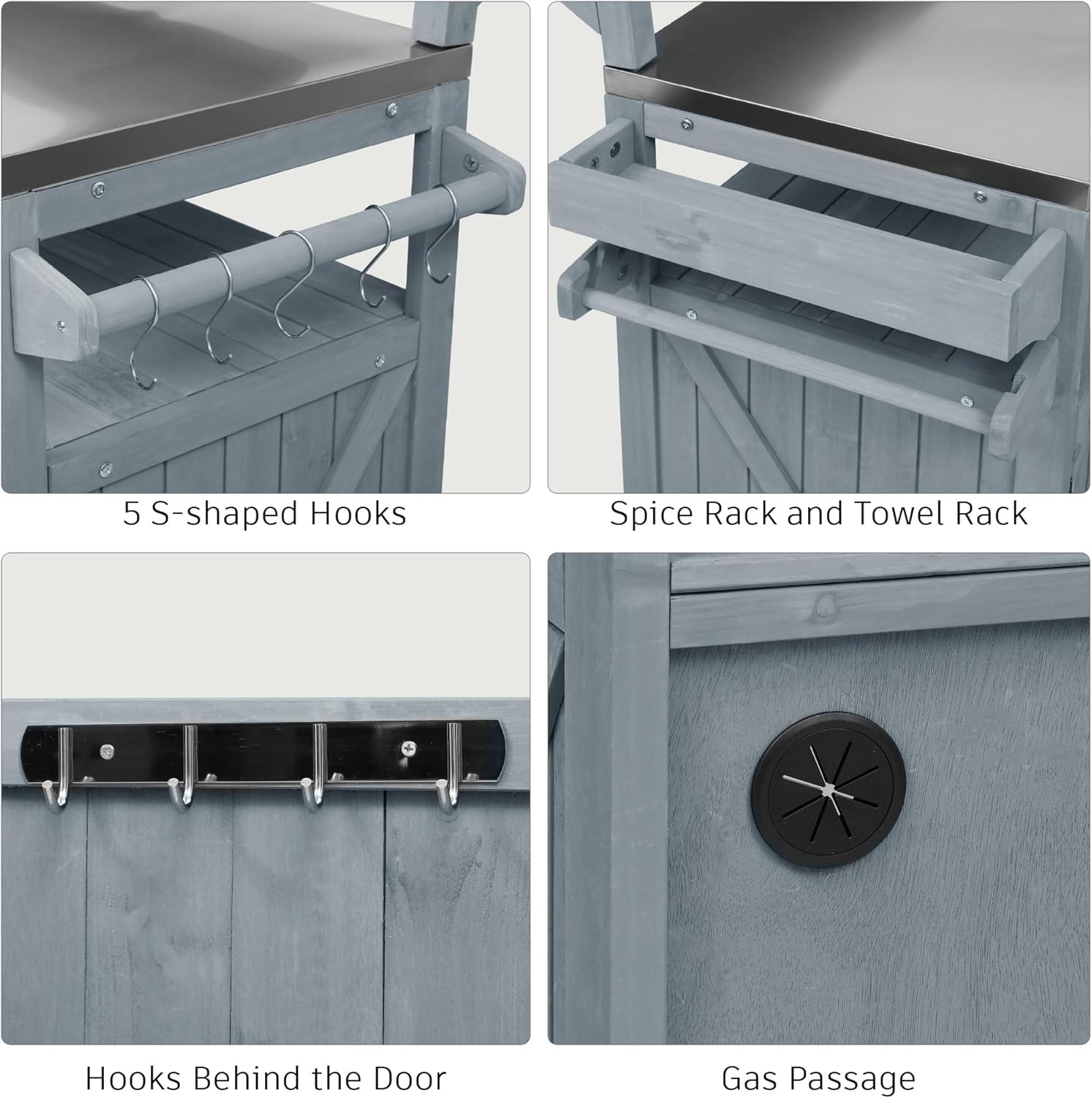 53" Sturdy Fir Wood & Stainless Steel Rolling Kitchen Island, Portable Kitchens Cart Adjustable Shelves + Hooks, Utility Kitchens Island Raised Shelf for Outdoor Kitchen, Dining Area​, Grey+Blue