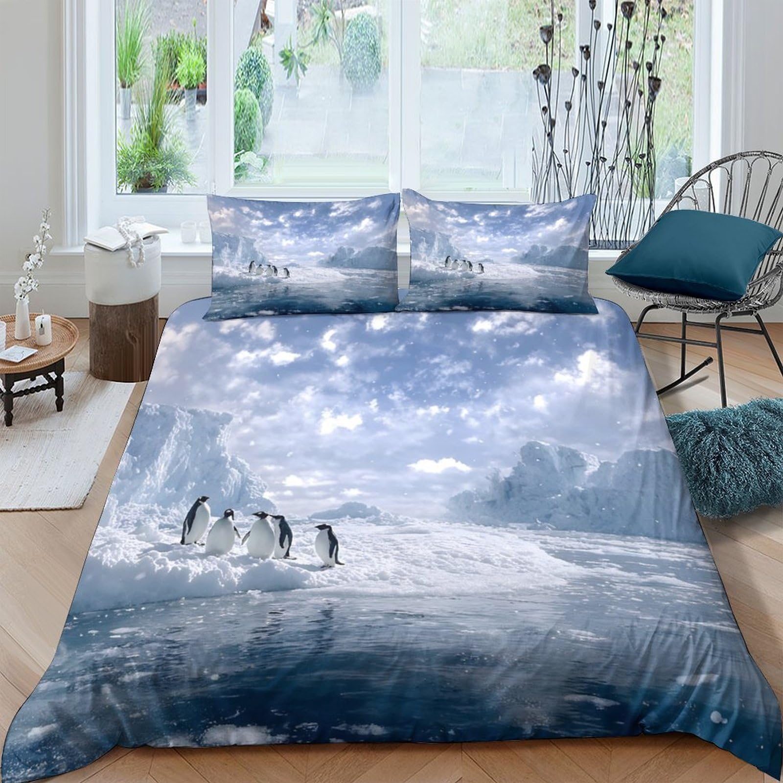 Ctjqhvkz Style-4 3D Printed Arctic Landscape Fitted Sheet Microfiber Soft Blue Penguin Bed Cover For Bedroom Dorm Decor Mattress Protection Single（135X200cm）
