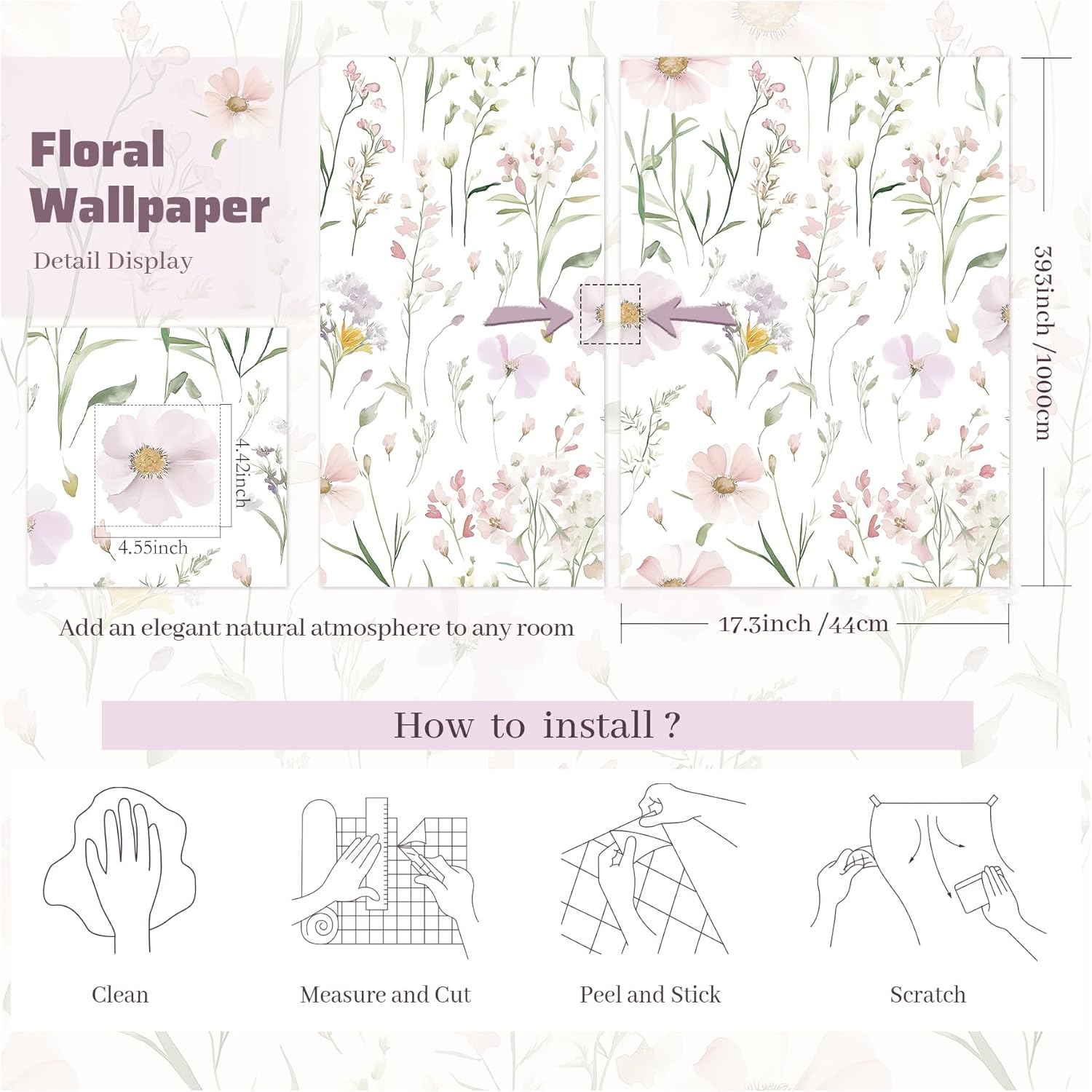 Floral Peel and Stick Wallpaper Boho Contact Paper Self Adhesive Removable Wallpaper Pink Floral 17.3''x393'' White Wildflowers Wall Paper for Bedroom Bathroom Art Deco Wall Papers Vinyl Roll