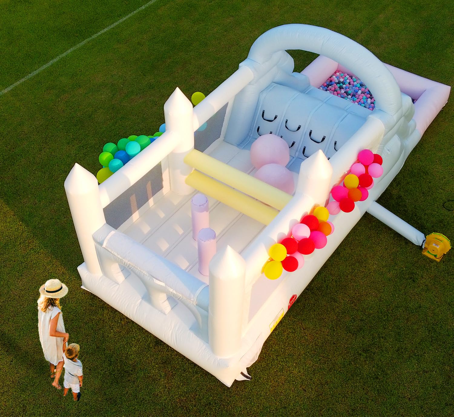 25FT Commercial Grade White Bounce House, Inflatable Obstacle Course w/Water Slide for Adult Big Kid 5-12, (100% PVC) (Splash Water Pool) (1100w Blower) for Backyard Birthday Wedding Party Macaroon