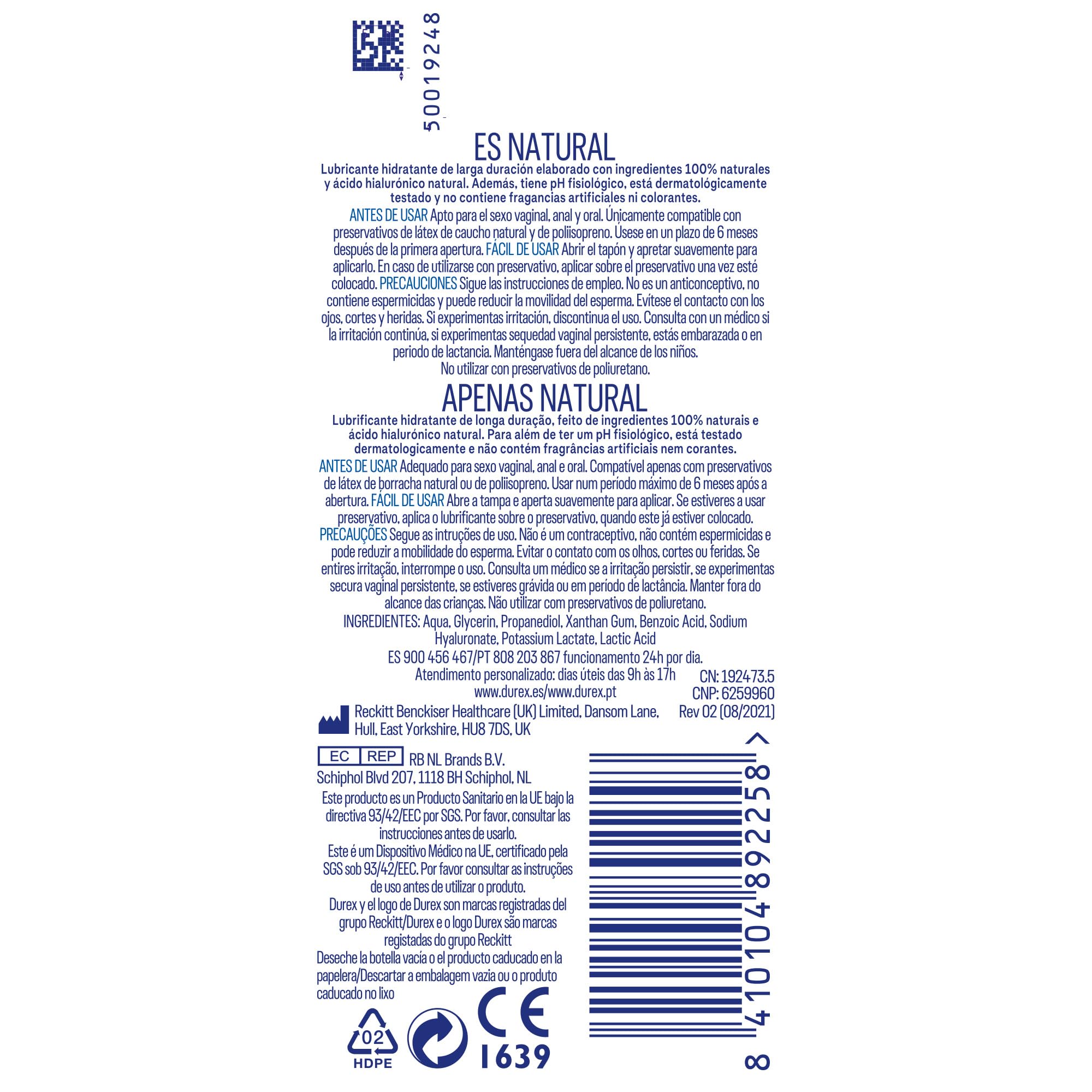 Durex Durex Naturals Hidratante Lubricante, Ácido Hialurónico, 100% Natural Sin Fragancia, Colorantes Ni Agentes Irritantes – 100Ml 100 ml