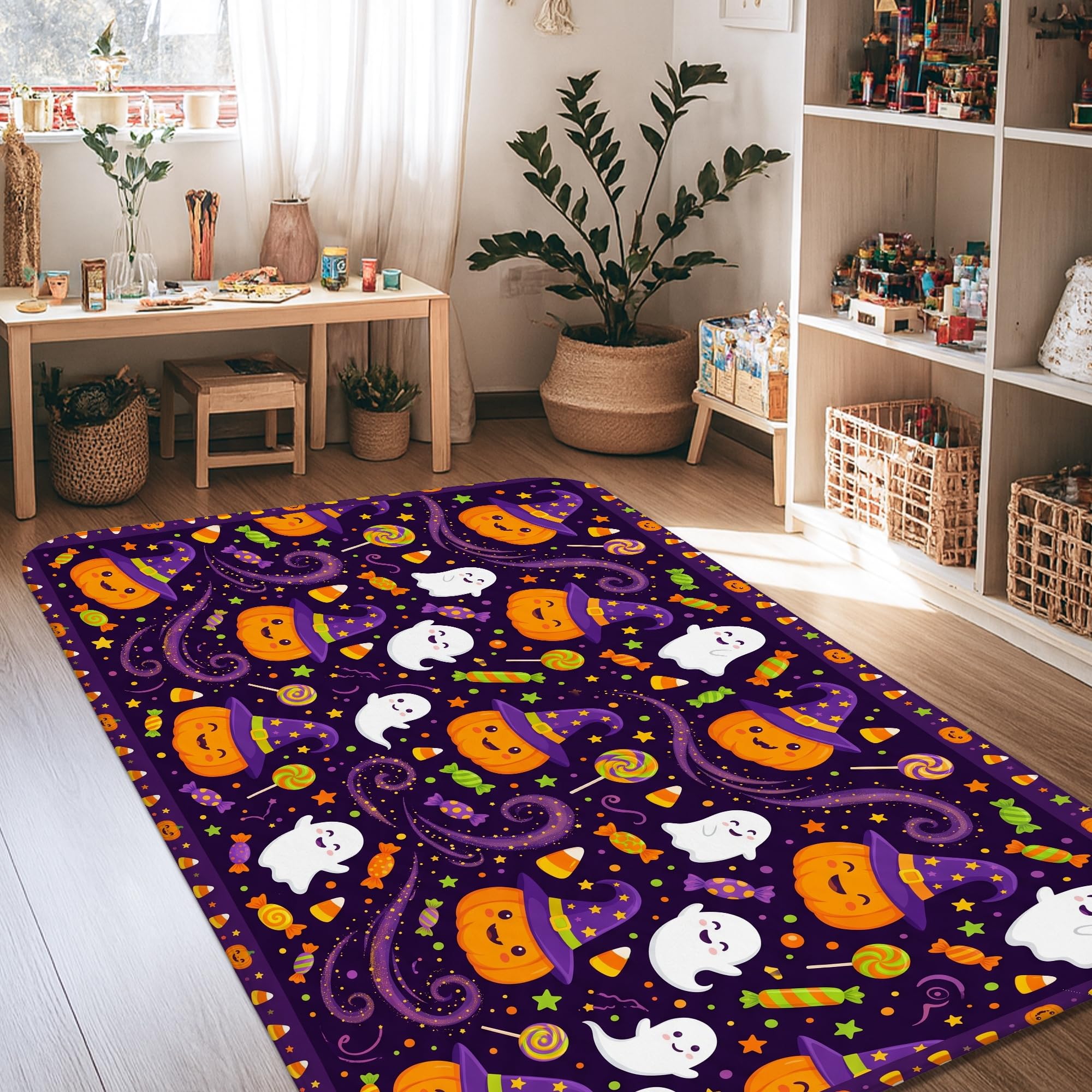Alfombra de área fantasma y calabazas morada esponja rectangular suave