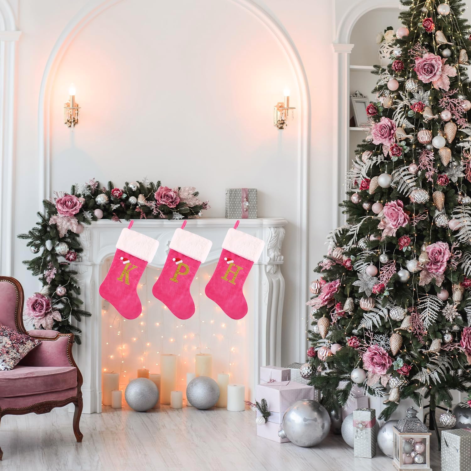 20-inch Personalized Pink Faux Velvet Stocking with Embroidered Gold Letter – Luxurious Christmas Decoration and Gift, Plush Finish (Pink-G) - Image 6