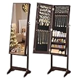 SONGMICS Mirror Jewelry Cabinet Armoire, Standing Full-Length Mirror, Lockable Jewelry Organizer, Christmas Gifts for Women, Gift Idea, Brown Surface and Black Lining UJJC69BR