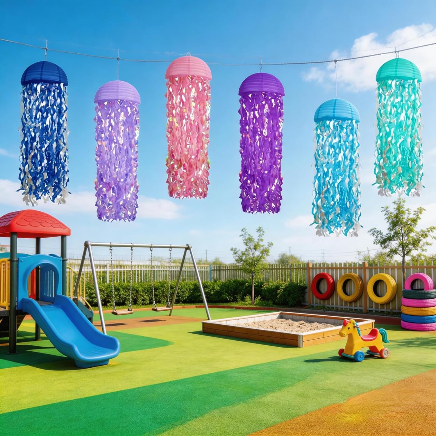 Jellyfish Paper Lanterns with LED Lights Set of 6, Multicolor Dome Hanging Floating Decorations for Under The Sea Party Mermaid Birthday Ocean Classroom Beach Room Aesthetic