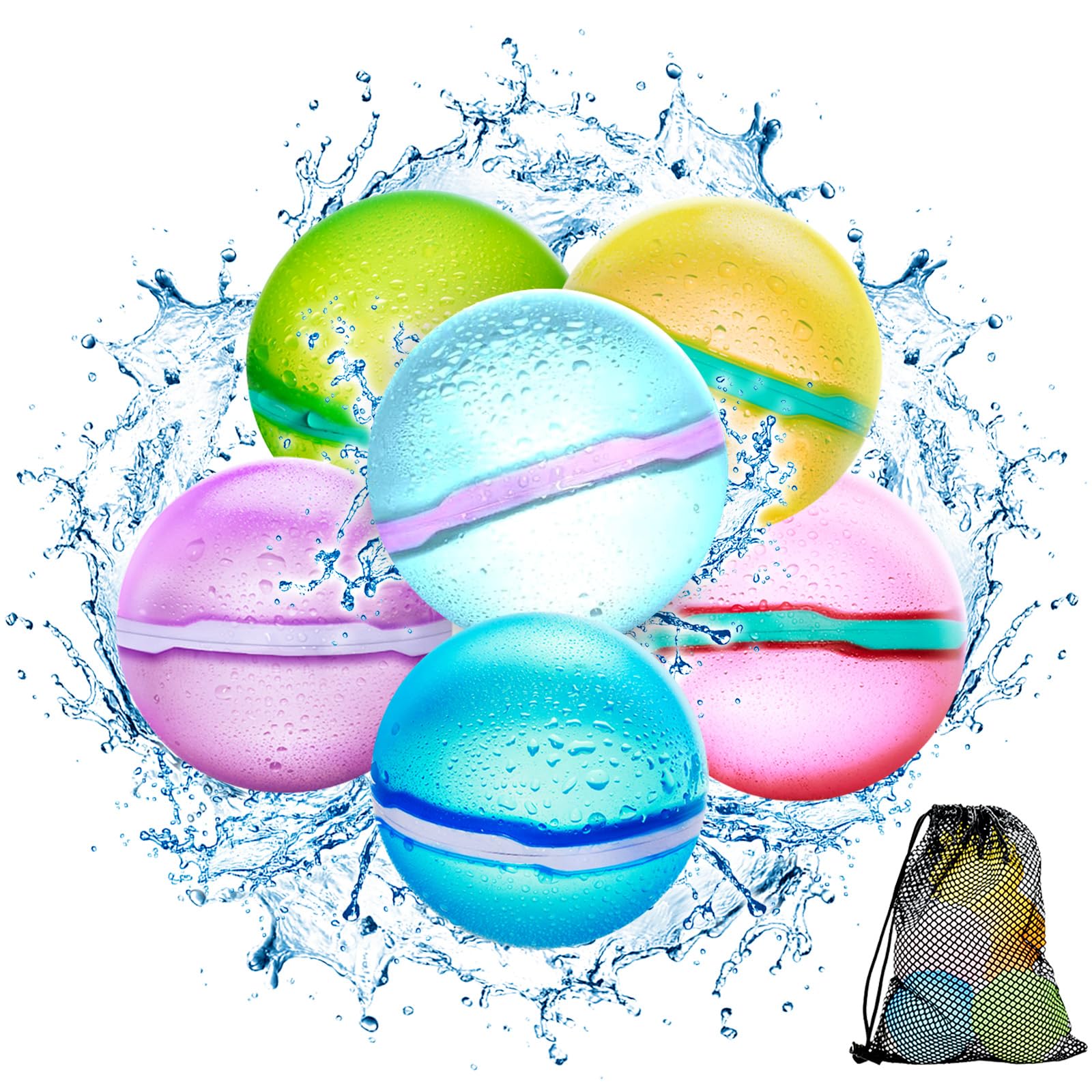 ?6 Pack?Magnetic Reusable Water Balloons Fast Refillable for Kids Outdoor Activities, latex-free Kids Pool Beach Bath Toys, Self-Sealing Water Bomb Quick Fill for Summer Games (6 Pack)