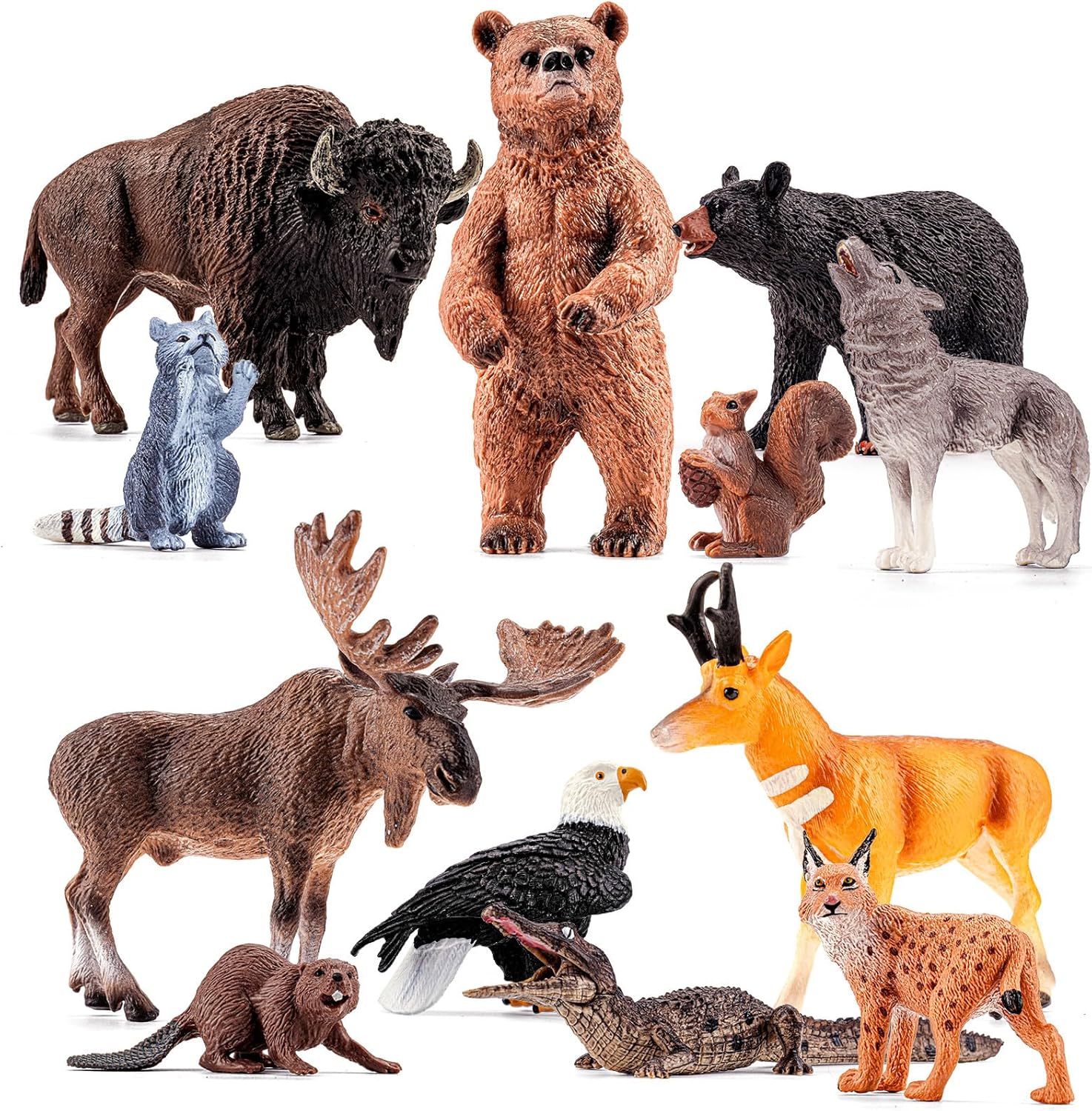 12pcs large north american animal figurines, realistic safari woodland jungle animals figures toys includes crocodile,wolf,bear,deer cake toppers birthday gift party favors toys for toddlers 12pcs north american animal figurines
