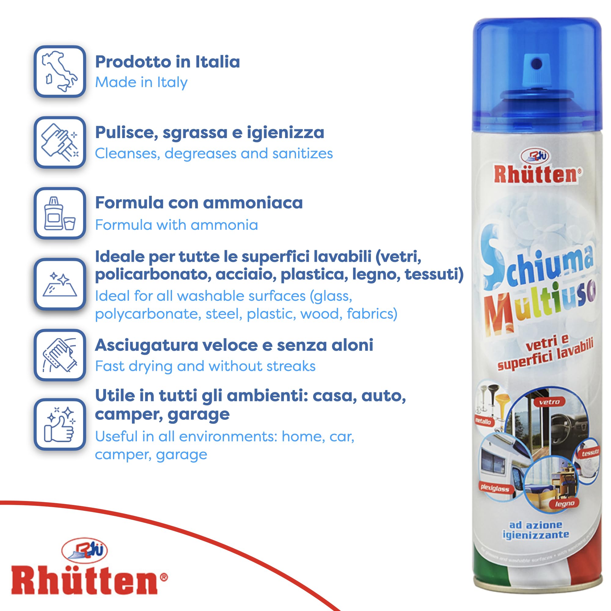 Schiuma Multiuso Igienizzante, Detergente per Tutte le Superfici Lavabili, con Ammoniaca, 400ml SPRAY