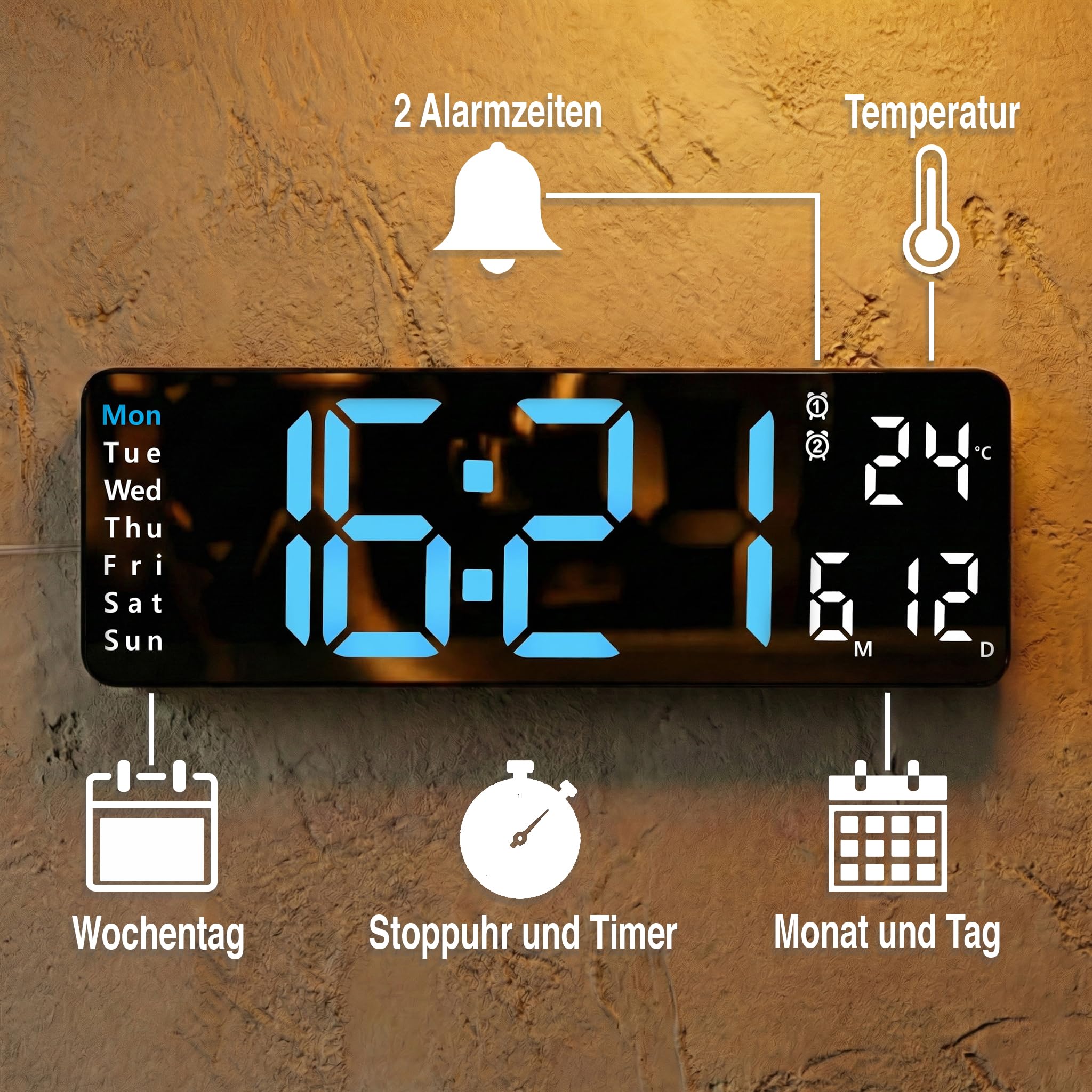 Opis Technology Clock 1 XL - Digitale Wanduhr - Retro LED Wand Uhr mit Fernbedienung, Timer & Wecker, Temperaturanzeige, dimmbares Display, Blau/Weiß
