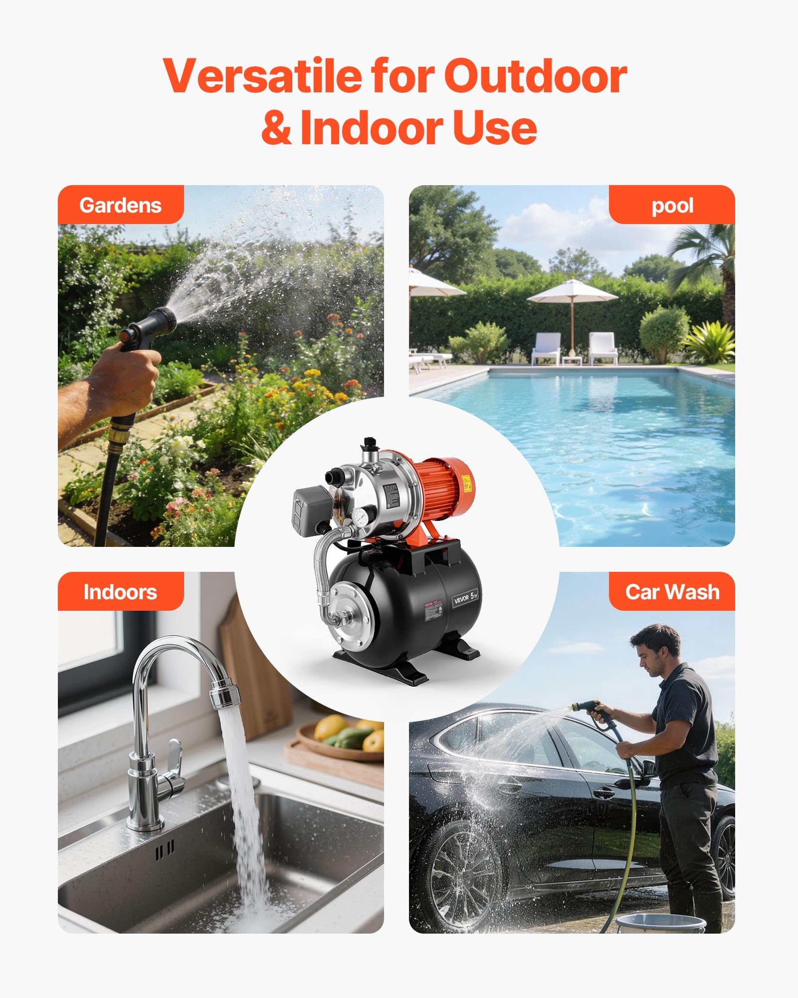VEVOR Groupe de Surpression 1176 W 19 L Pompe avec Réservoir de Pression | Pour Puits Peu Profonds Jardin et Pelouse, 5000 L/h, Tête de Pompe Acier Inox, avec Surpresseur Auto, Pressostat 1,4-2,8 bar